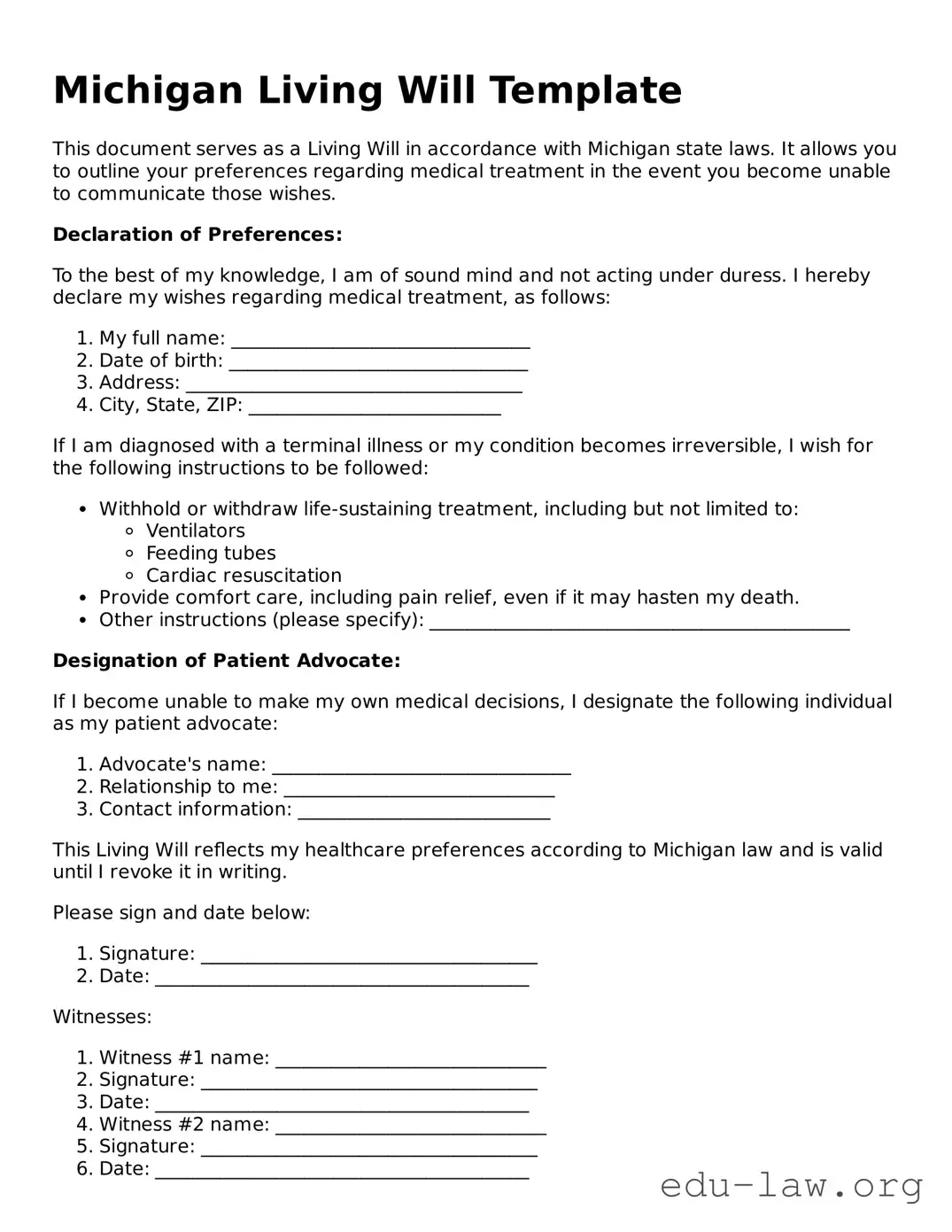 Legal  Living Will Template for Michigan