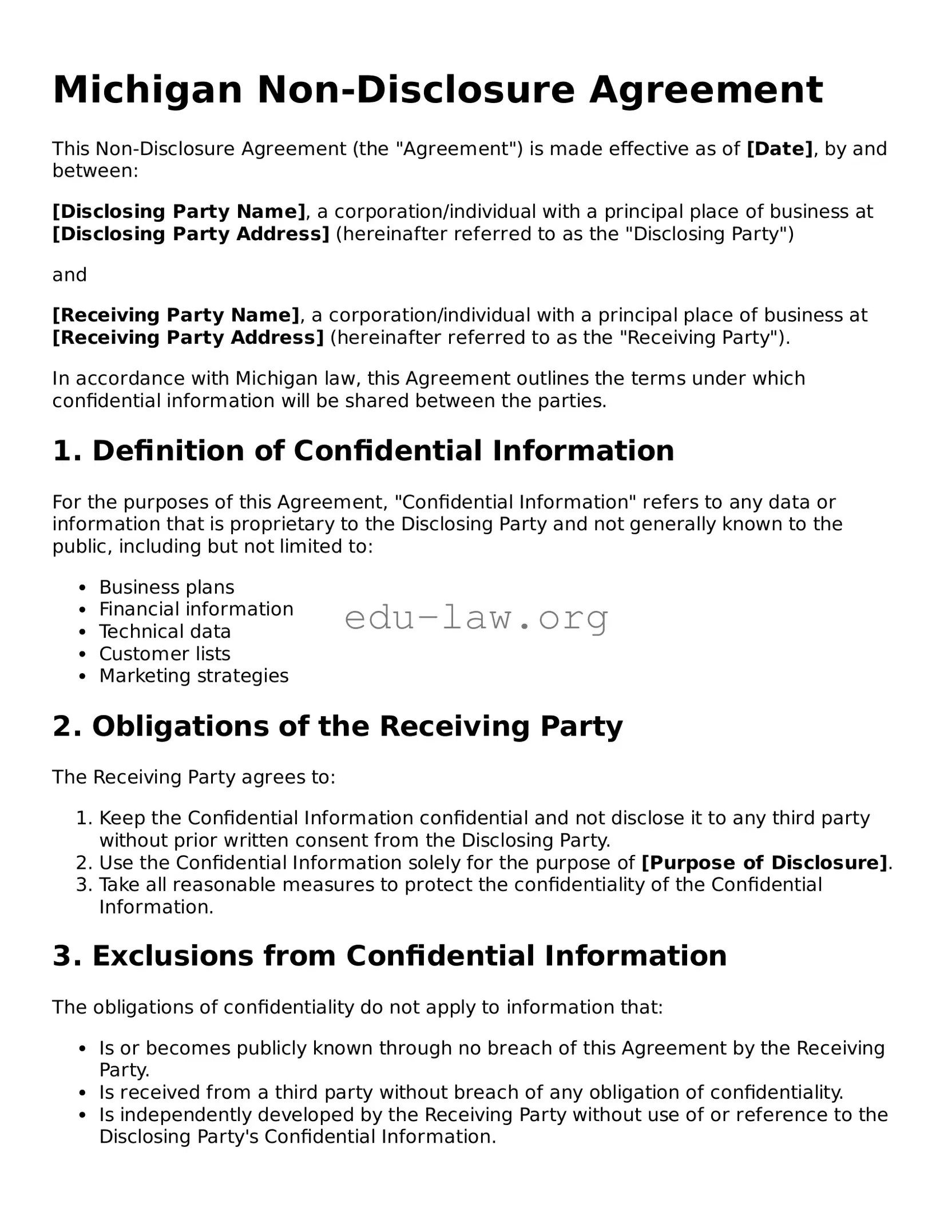 Legal  Non-disclosure Agreement Template for Michigan