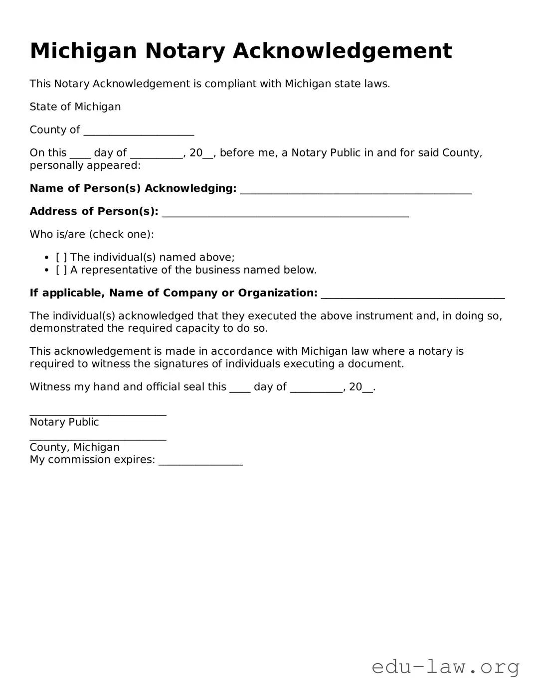 Legal  Notary Acknowledgement Template for Michigan
