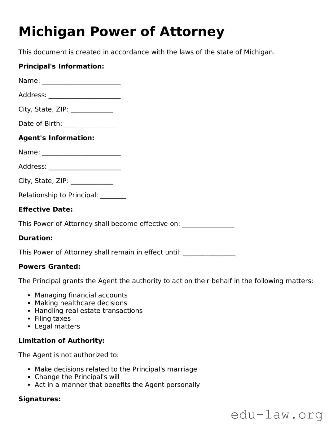 Legal  Power of Attorney Template for Michigan