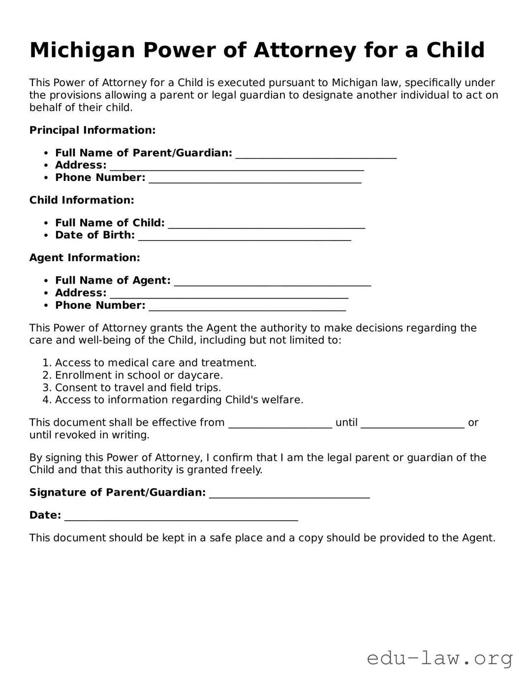 Legal  Power of Attorney for a Child Template for Michigan