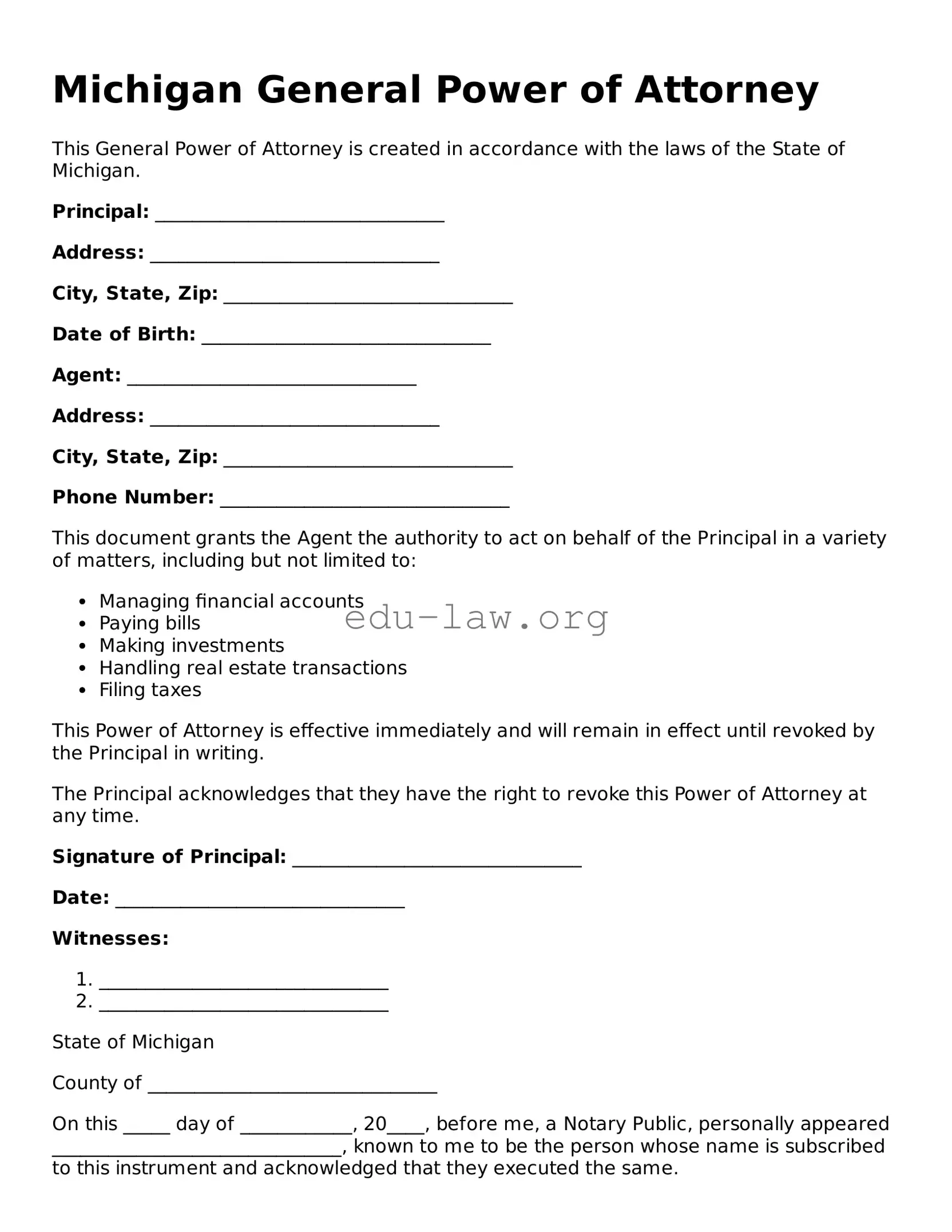 Legal  General Power of Attorney Template for Michigan