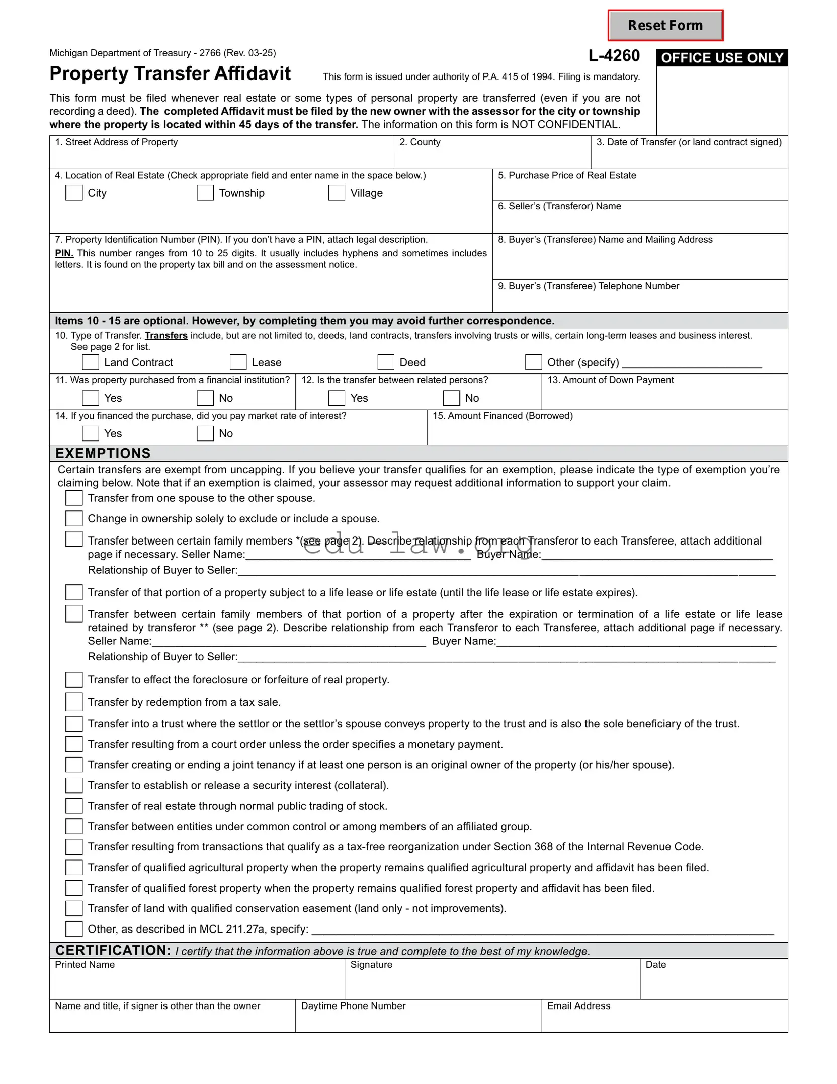 Fill in Your Michigan Property Transfer Affidavit 2766 Template