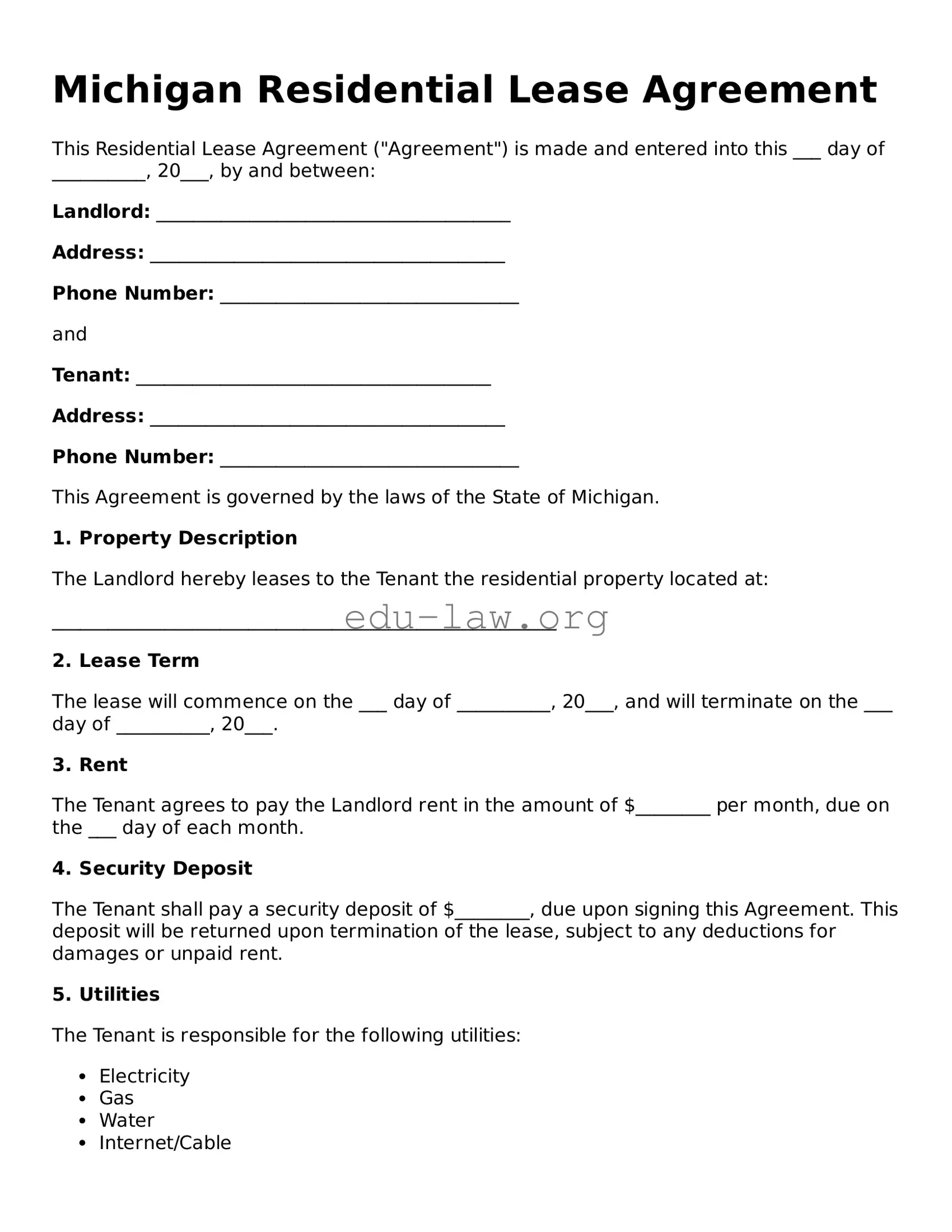 Legal  Residential Lease Agreement Template for Michigan