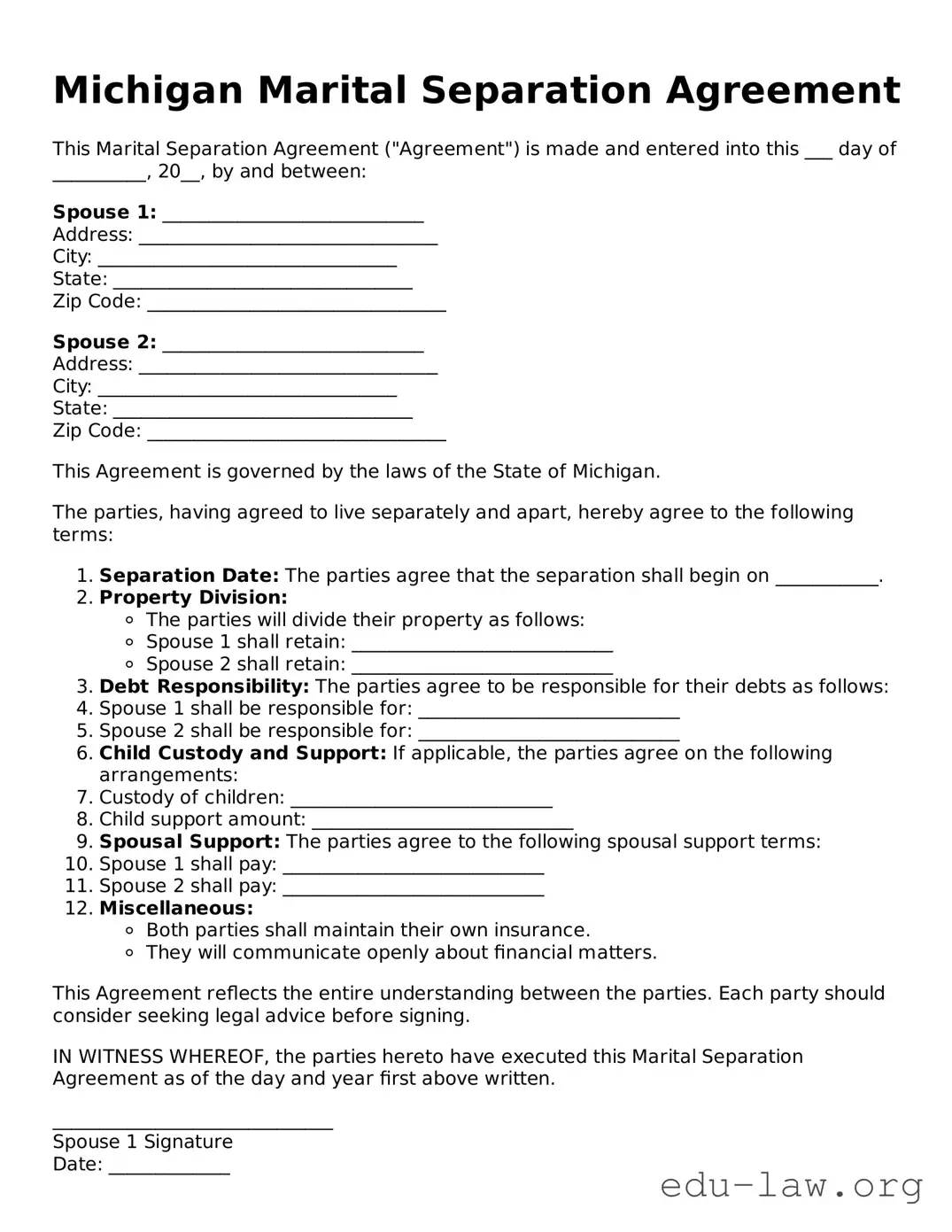 Legal  Marital Separation Agreement Template for Michigan