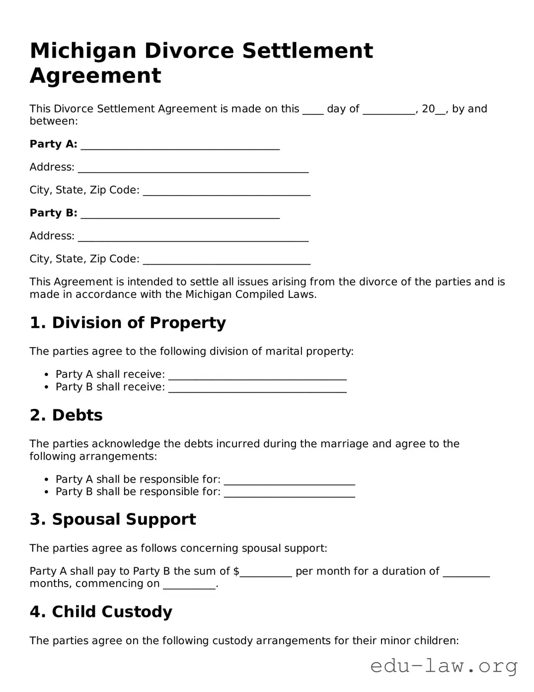 Legal  Divorce Settlement Agreement Template for Michigan