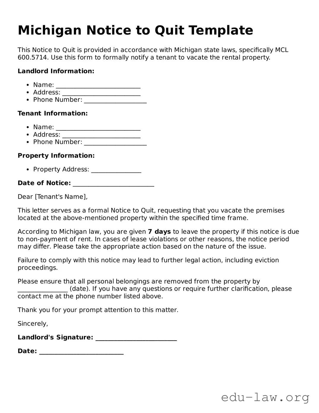 Legal  Notice to Quit Template for Michigan