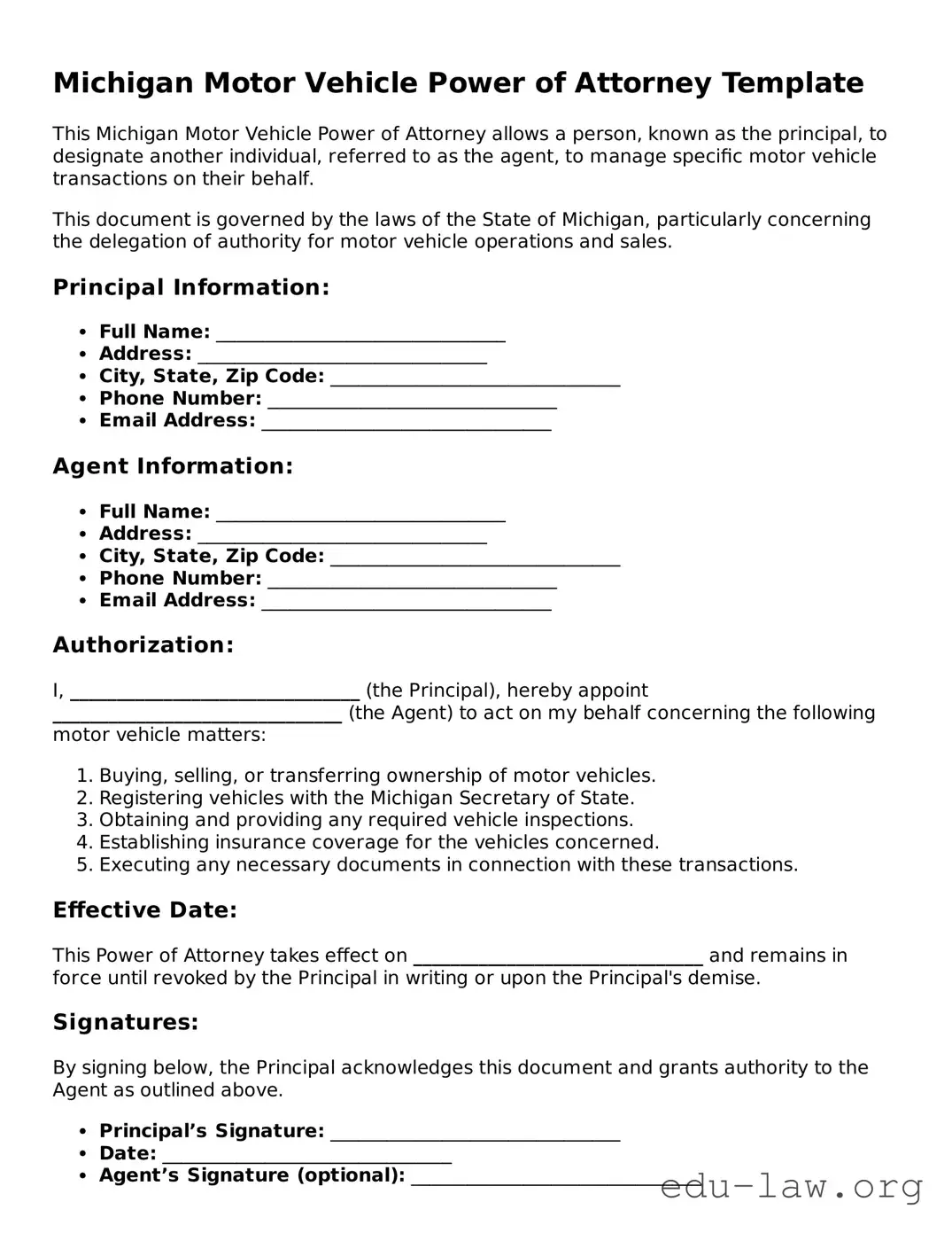 Legal  Motor Vehicle Power of Attorney Template for Michigan