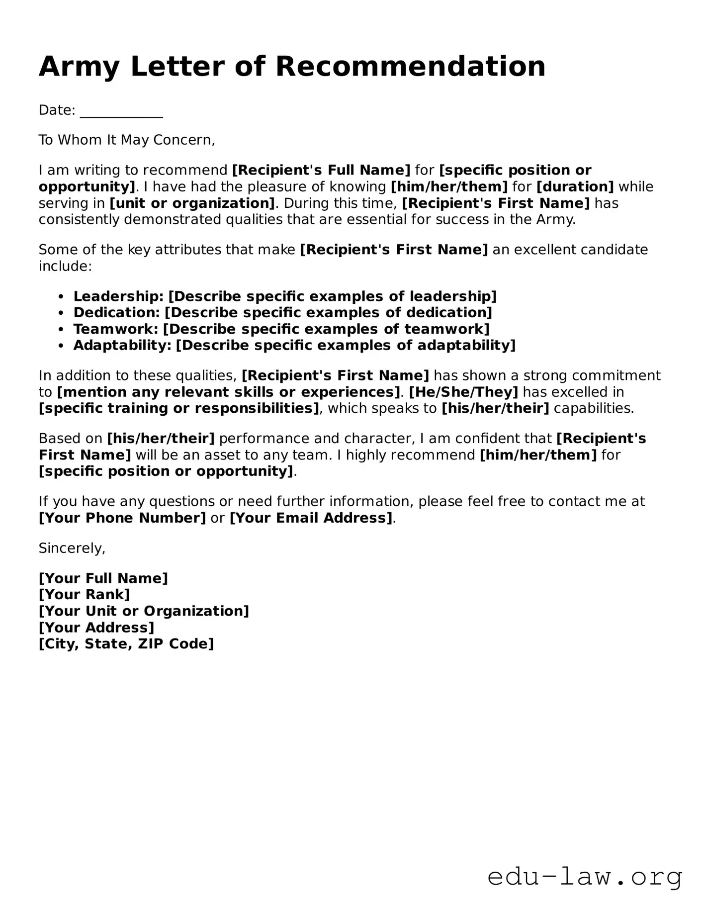 Army Letter of Recommendation Template