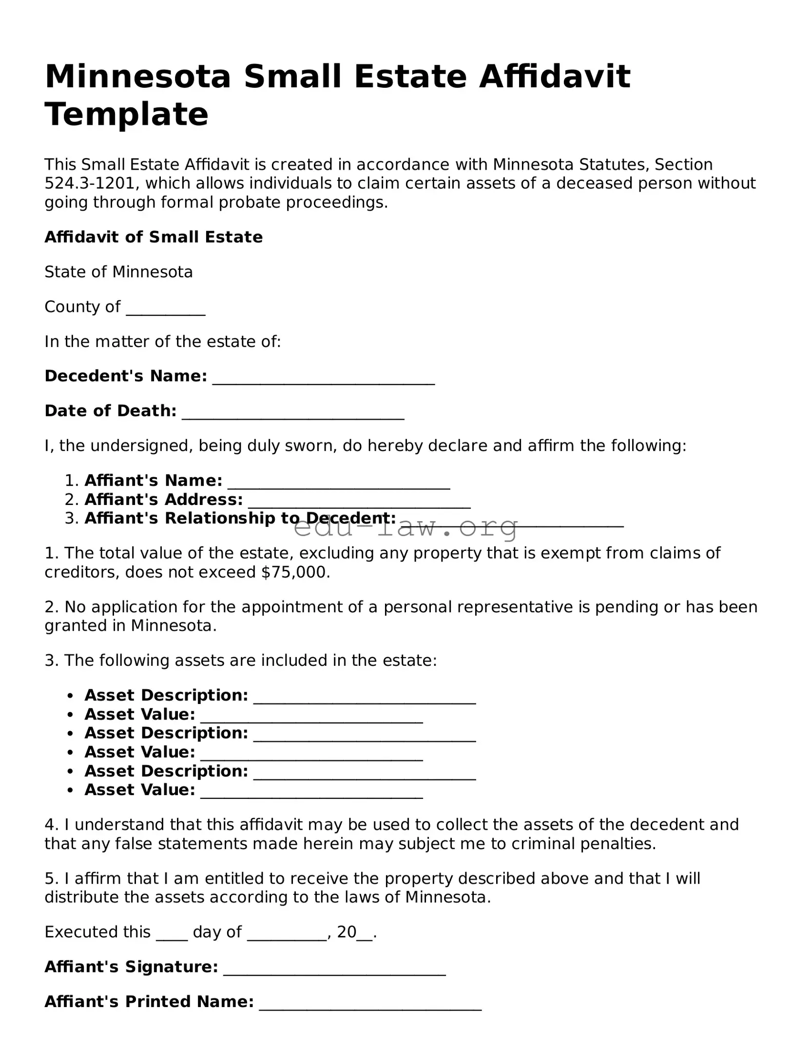 Legal  Small Estate Affidavit Template for Minnesota