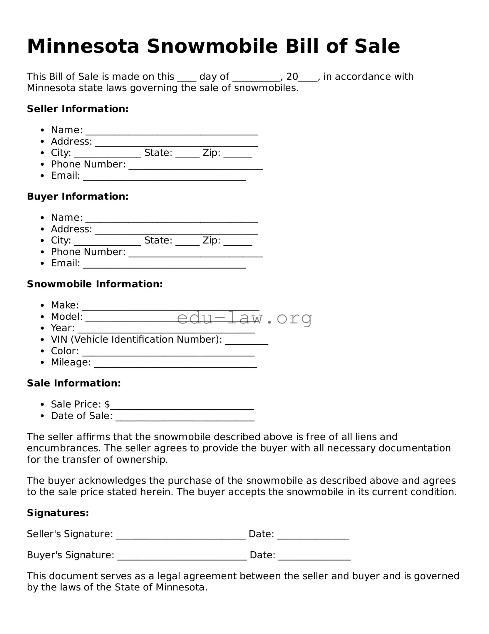 Legal  Snowmobile Bill of Sale Template for Minnesota