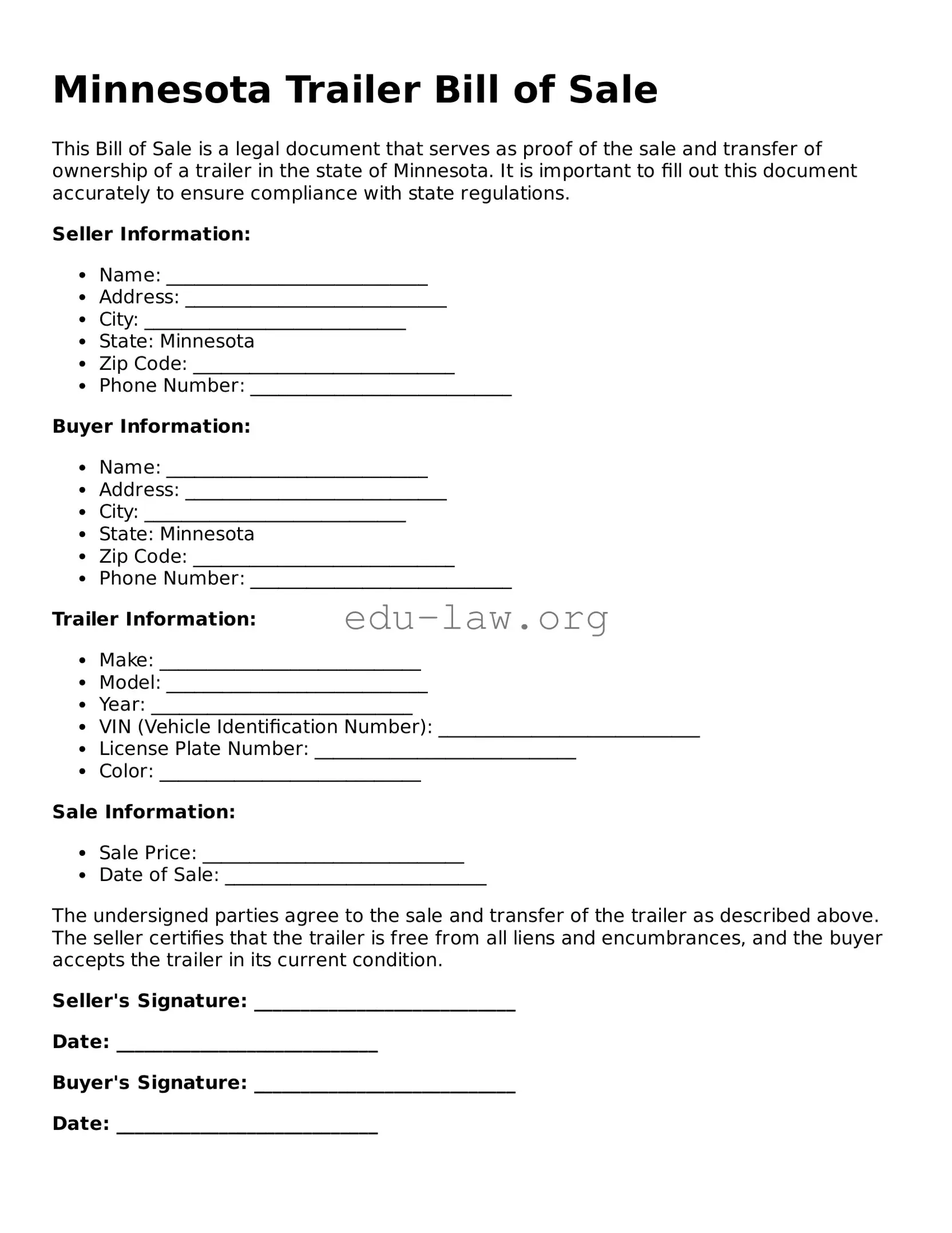 Legal  Trailer Bill of Sale Template for Minnesota