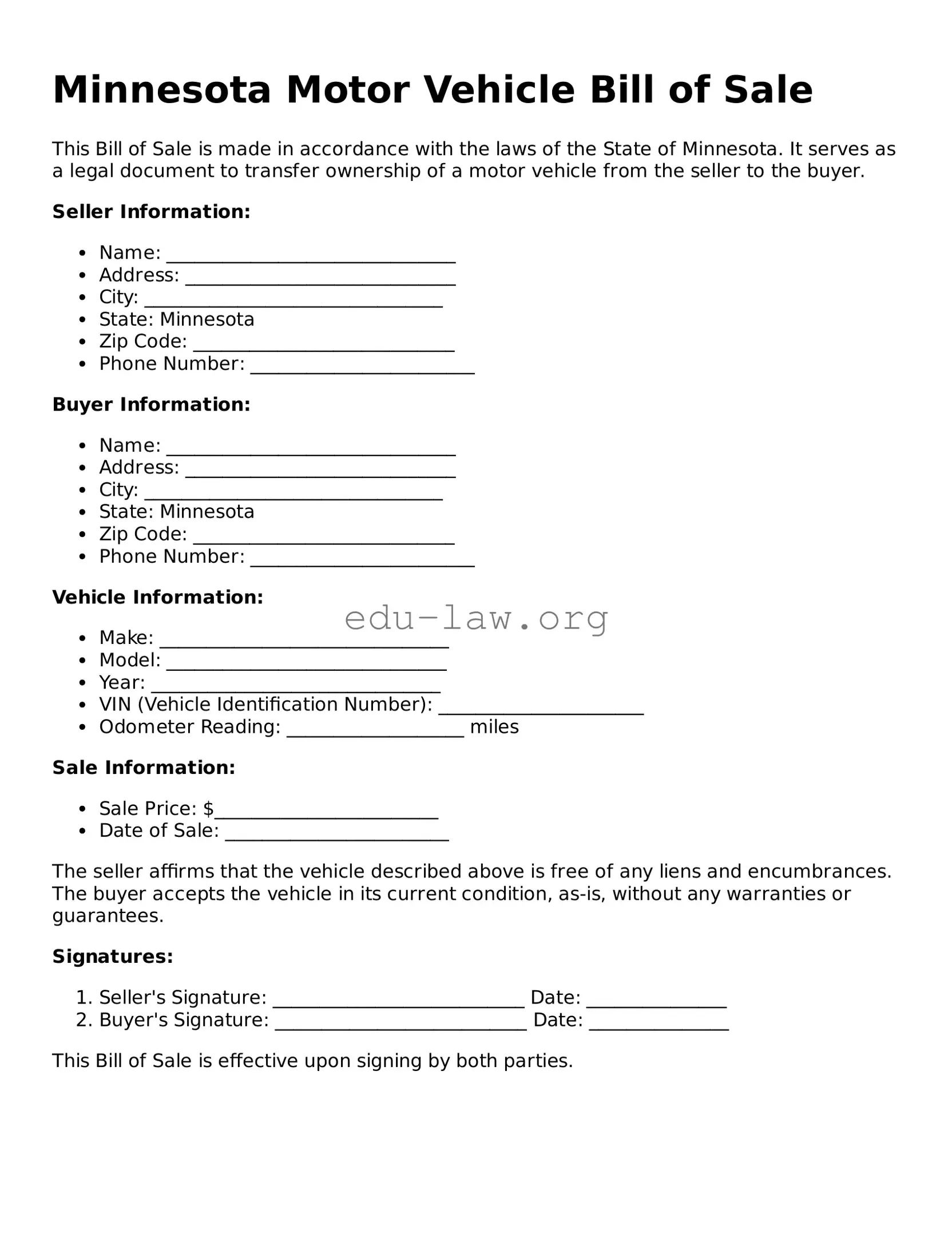 Legal  Motor Vehicle Bill of Sale Template for Minnesota