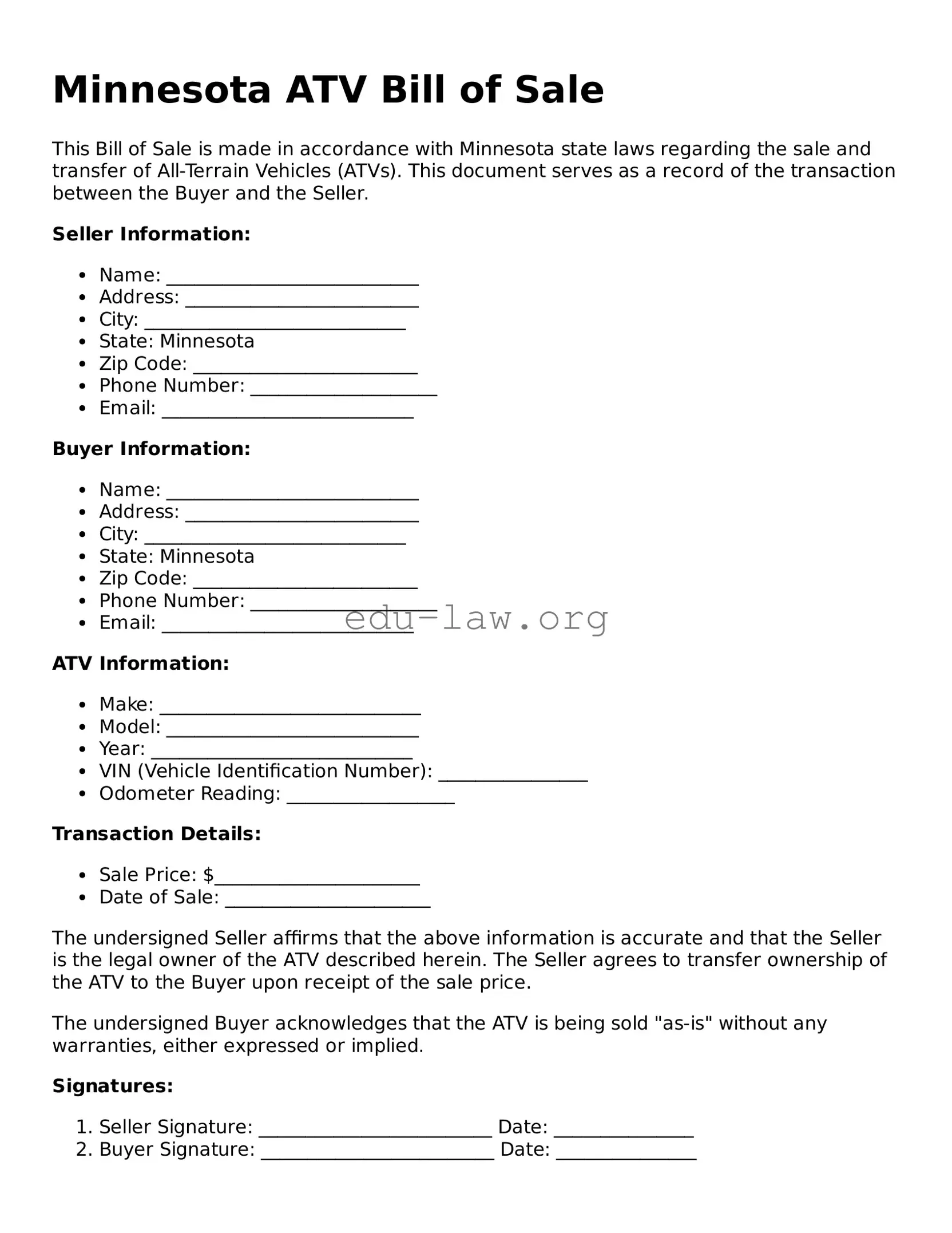 Legal  ATV Bill of Sale Template for Minnesota