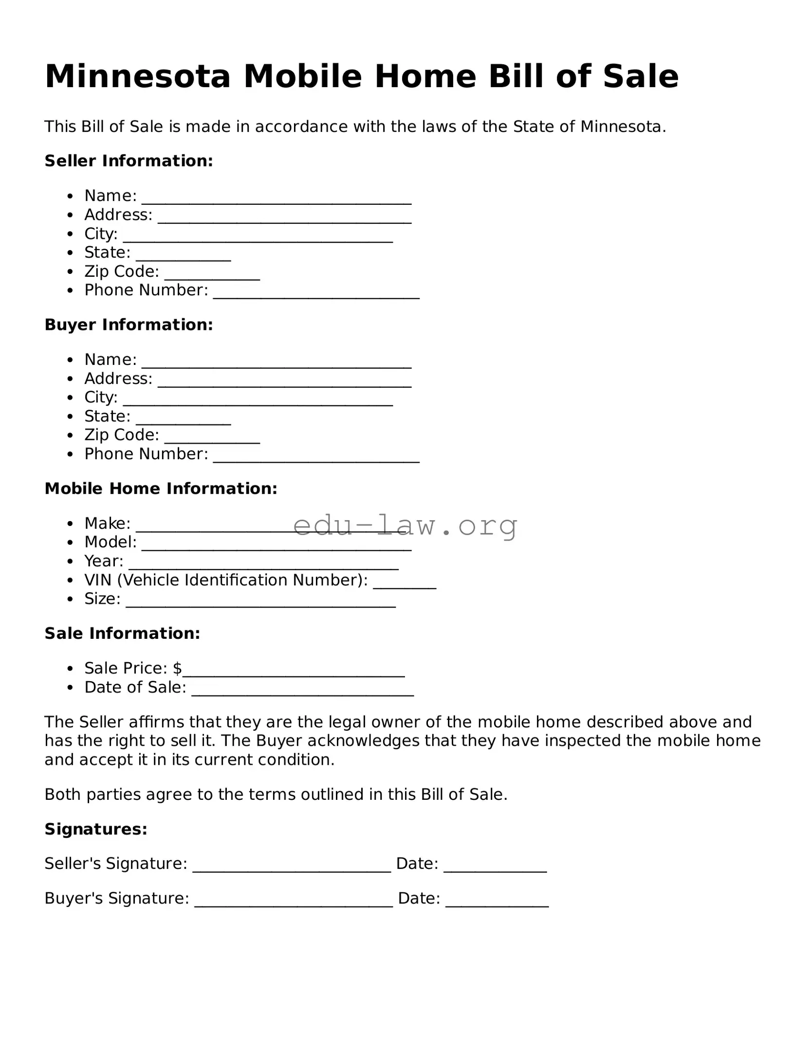 Legal  Mobile Home Bill of Sale Template for Minnesota