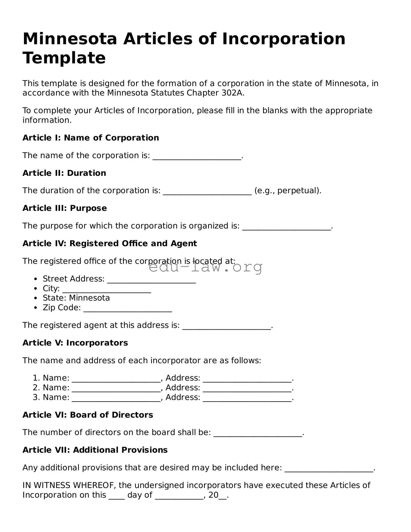 Legal  Articles of Incorporation Template for Minnesota
