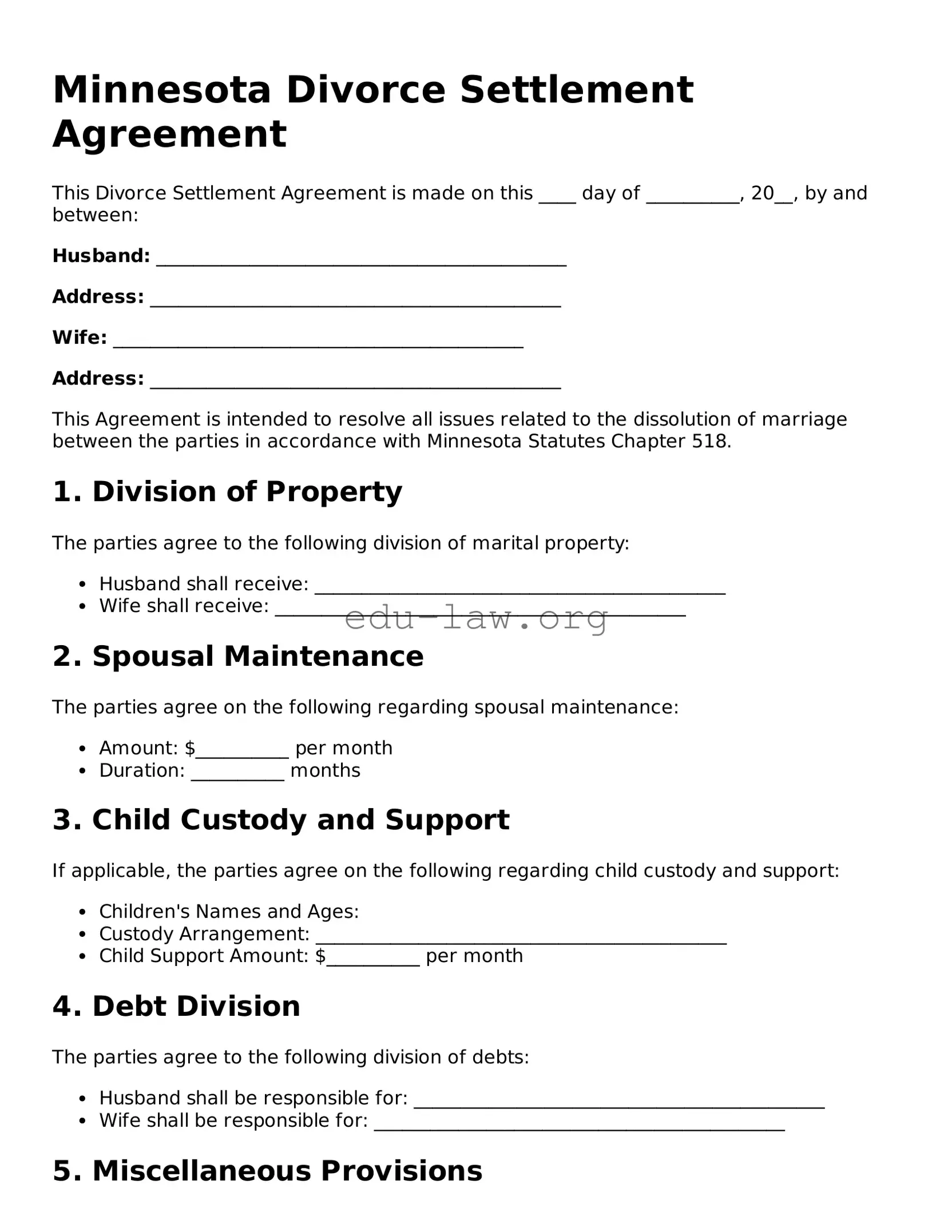 Legal  Divorce Settlement Agreement Template for Minnesota