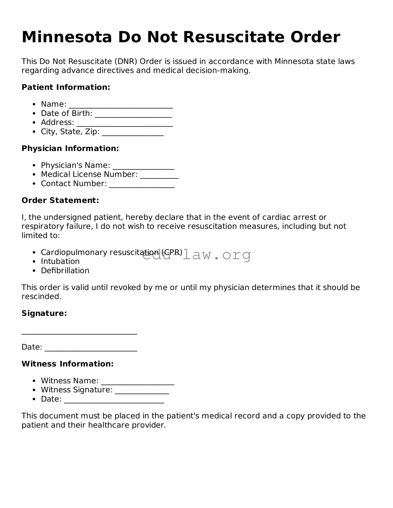 Legal  Do Not Resuscitate Order Template for Minnesota