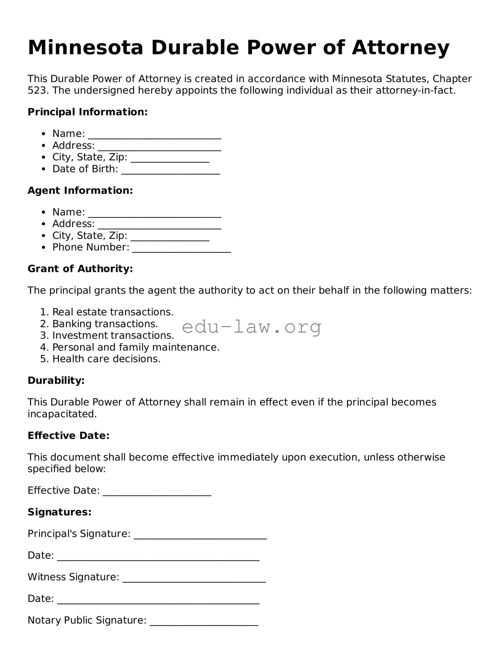 Legal  Durable Power of Attorney Template for Minnesota