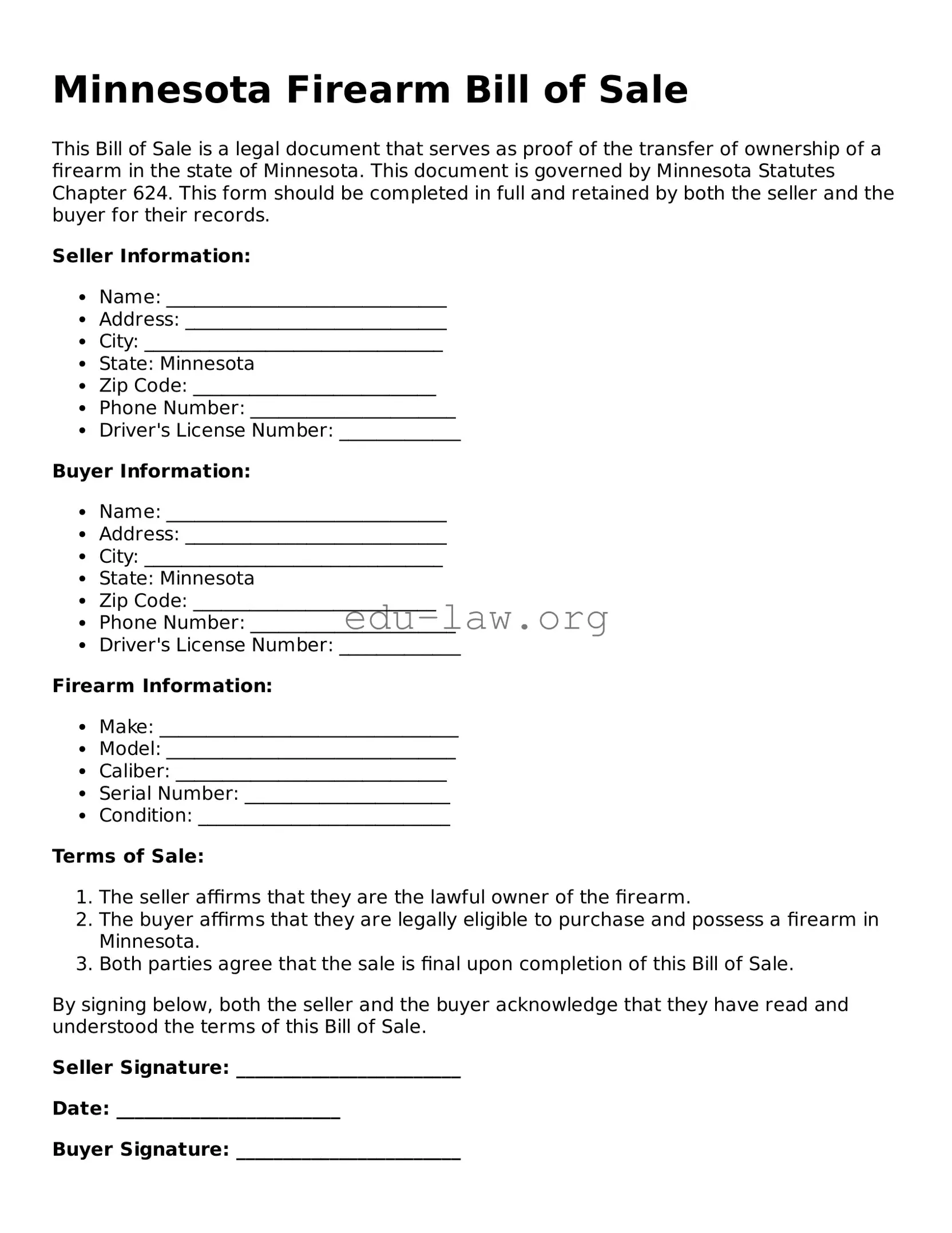 Legal  Firearm Bill of Sale Template for Minnesota