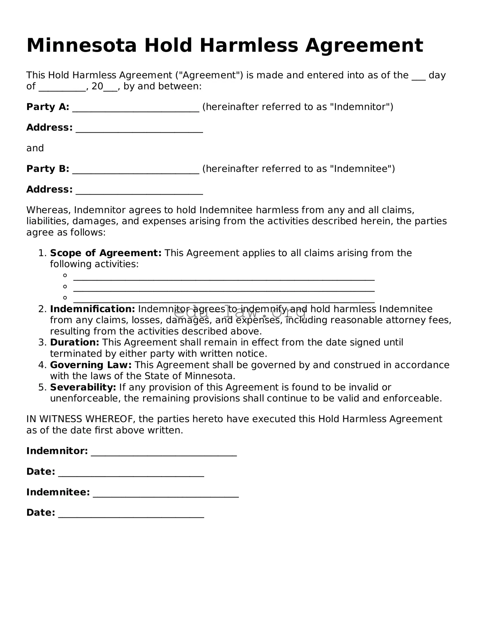 Legal  Hold Harmless Agreement Template for Minnesota