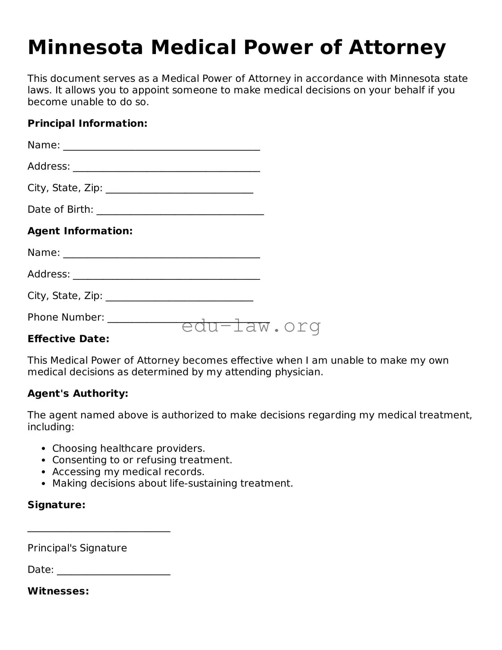 Legal  Medical Power of Attorney Template for Minnesota