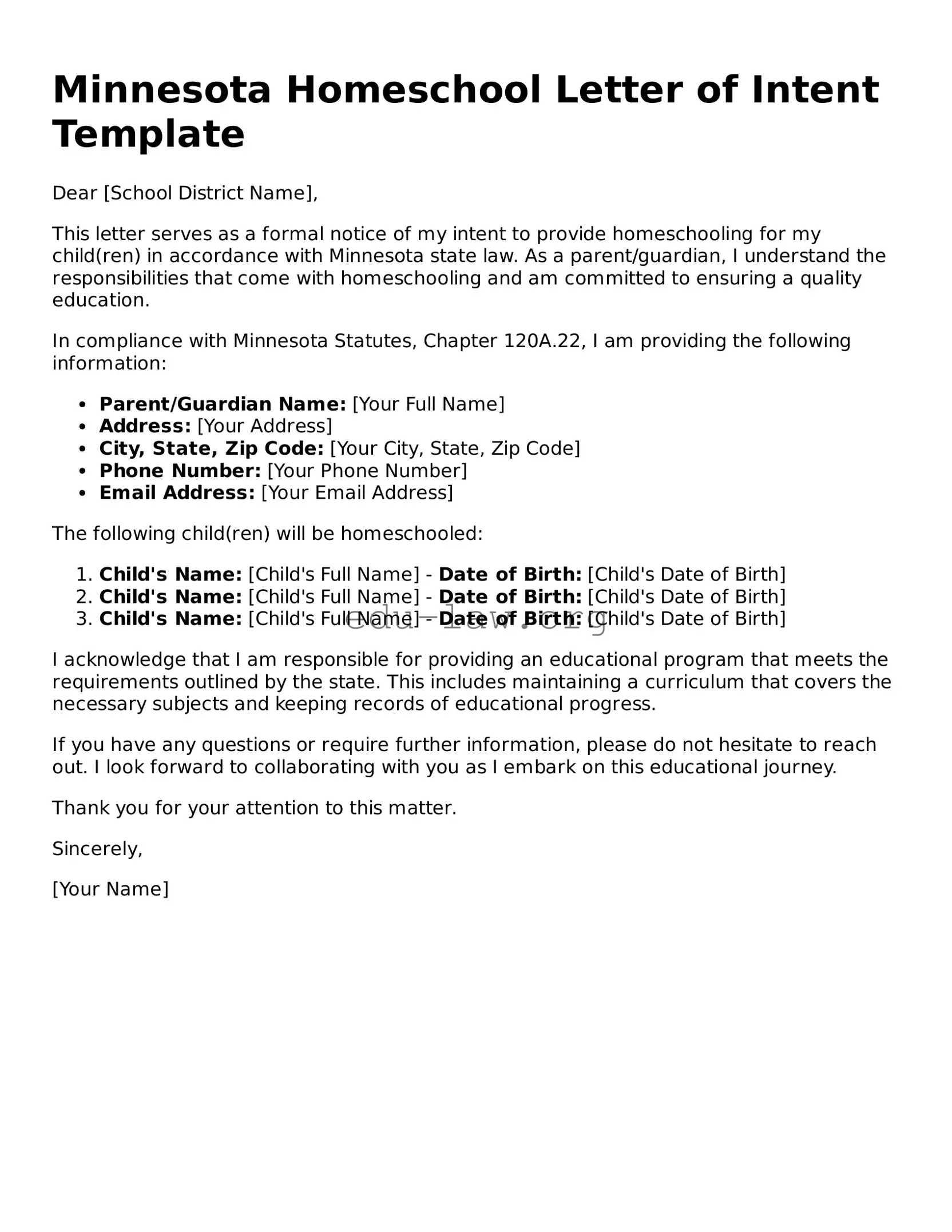 Legal  Homeschool Letter of Intent Template for Minnesota