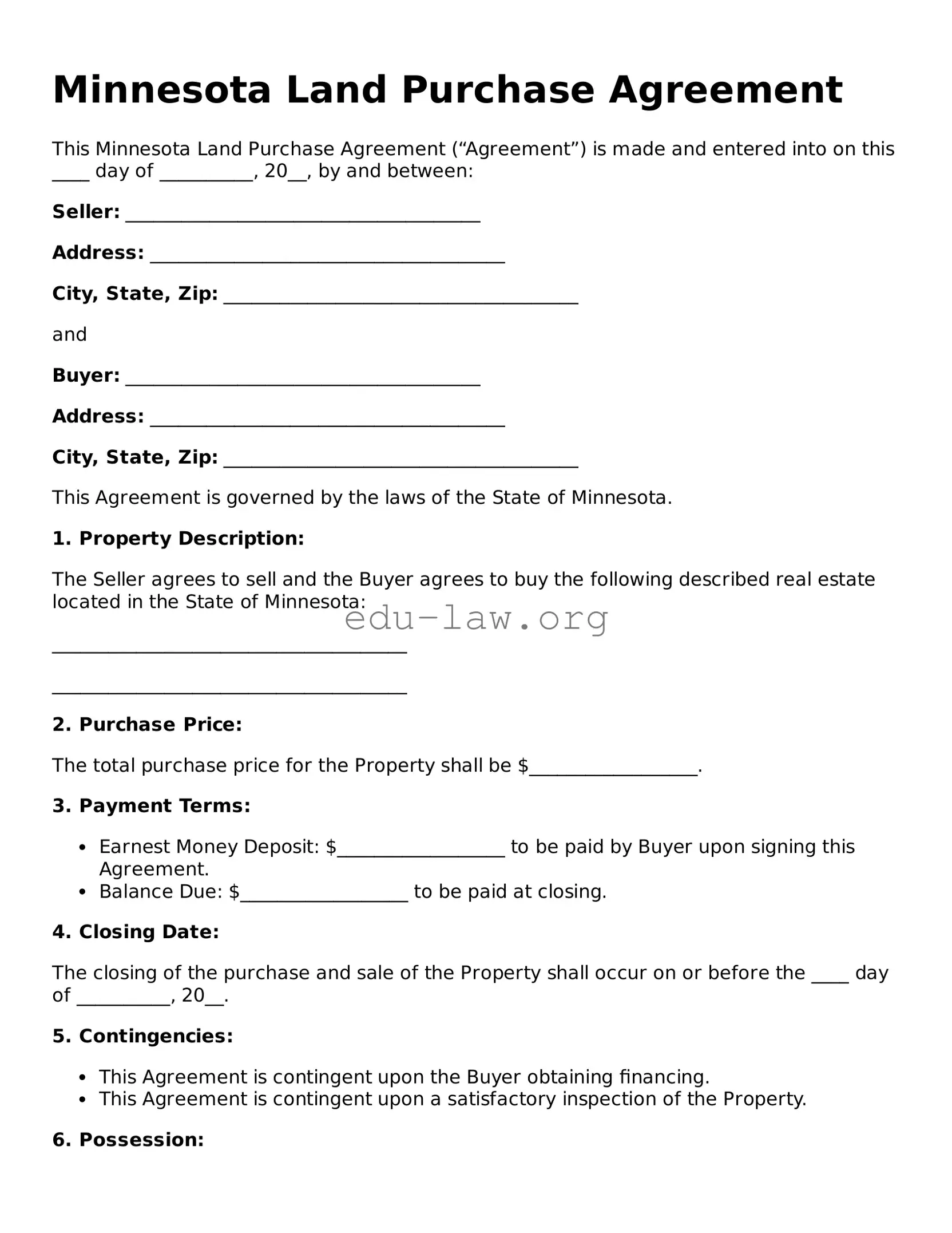 Legal  Land Purchase Agreement Template for Minnesota