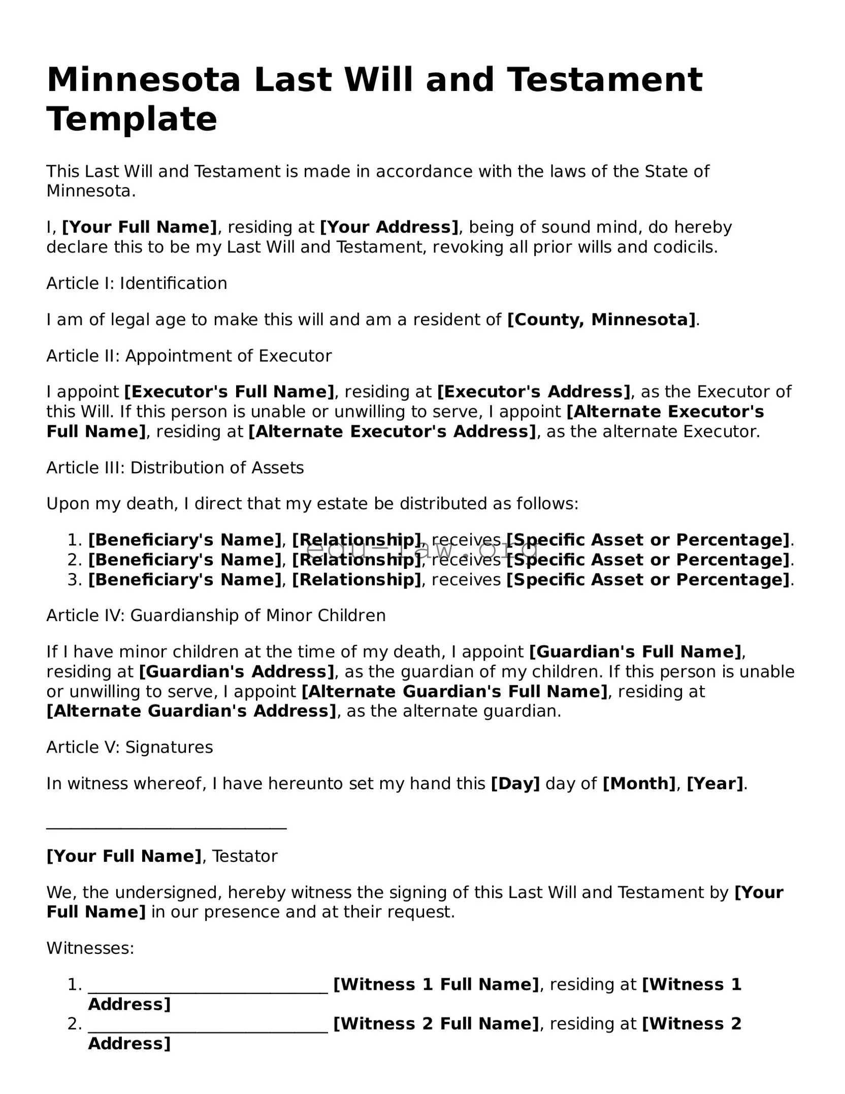 Legal  Last Will and Testament Template for Minnesota