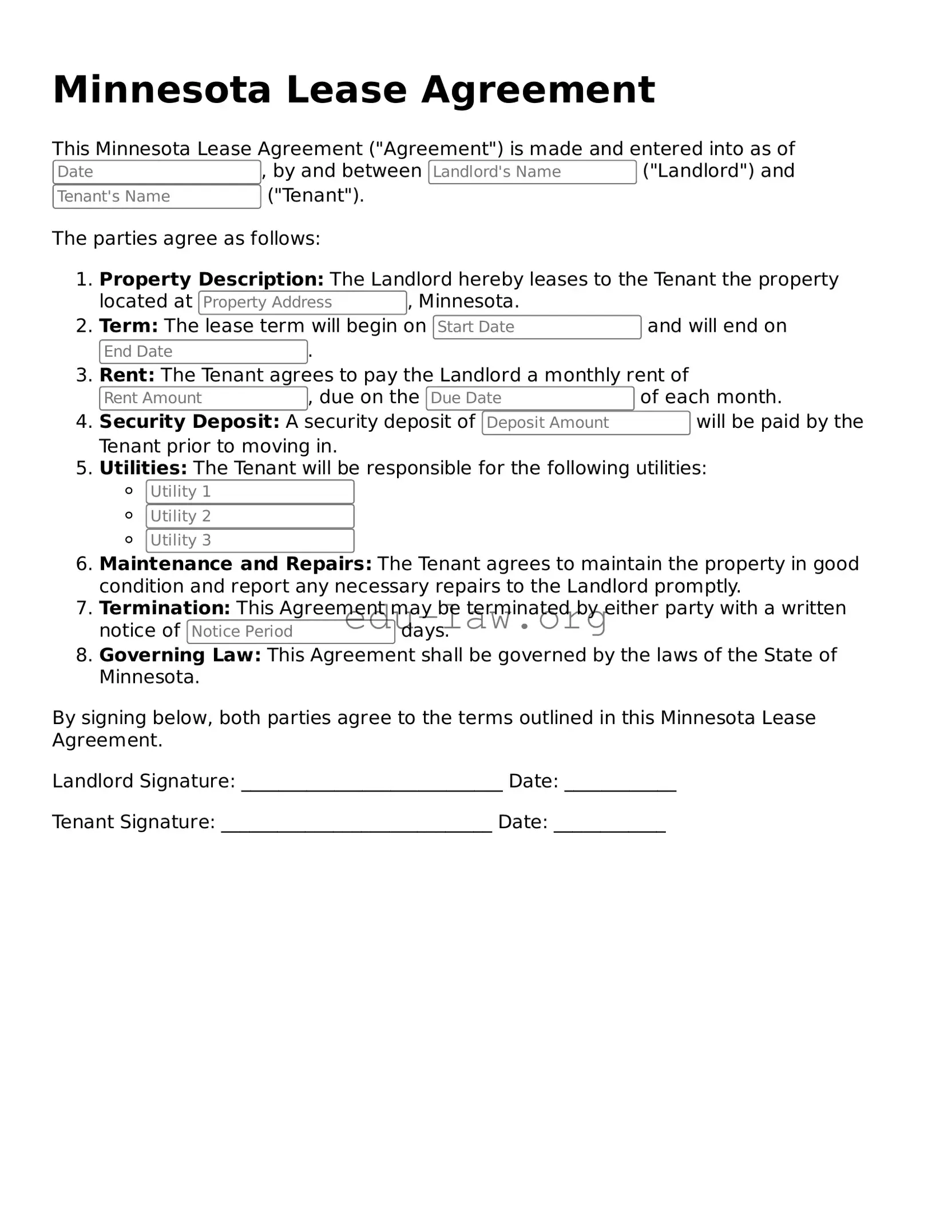 Legal  Lease Agreement Template for Minnesota