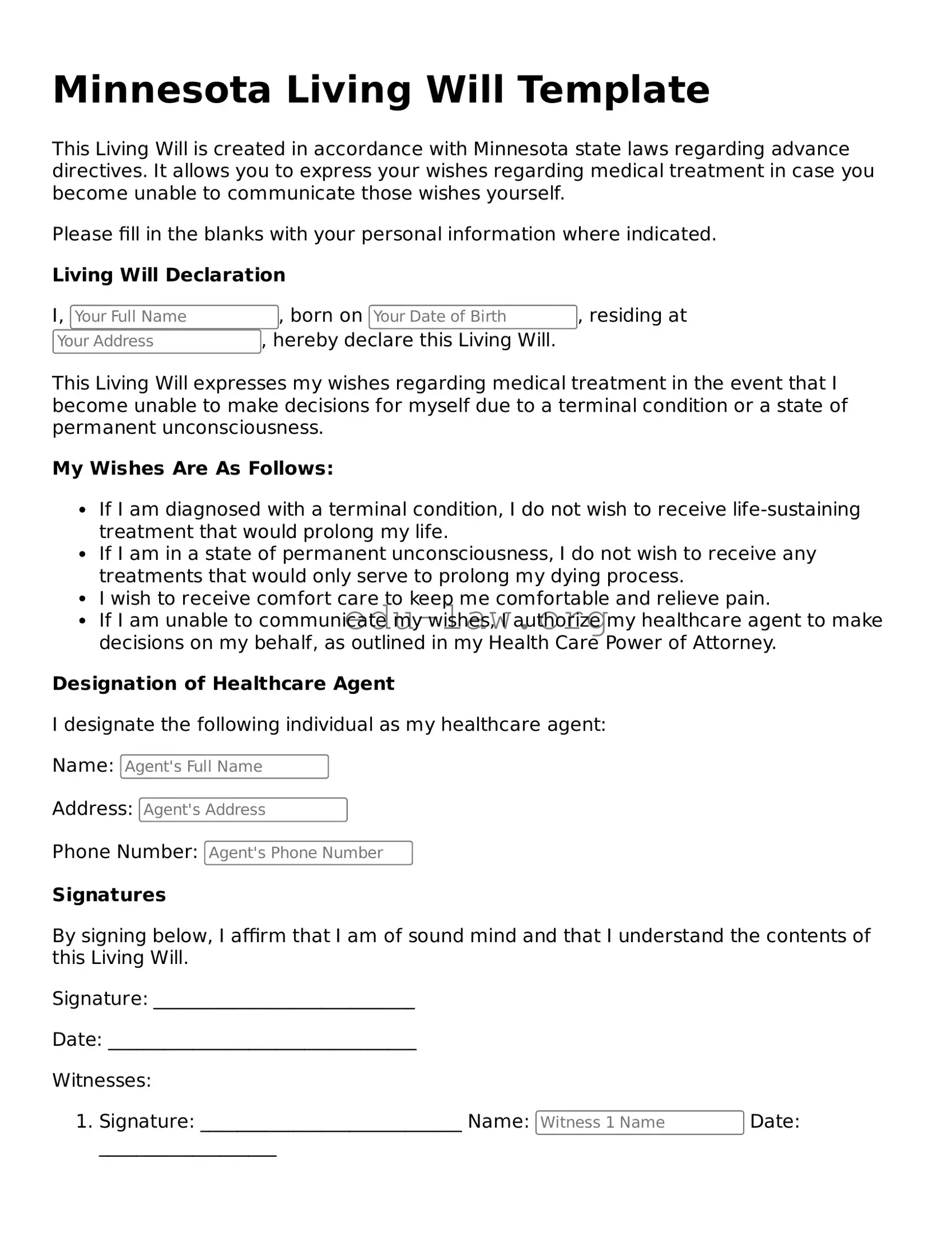 Legal  Living Will Template for Minnesota