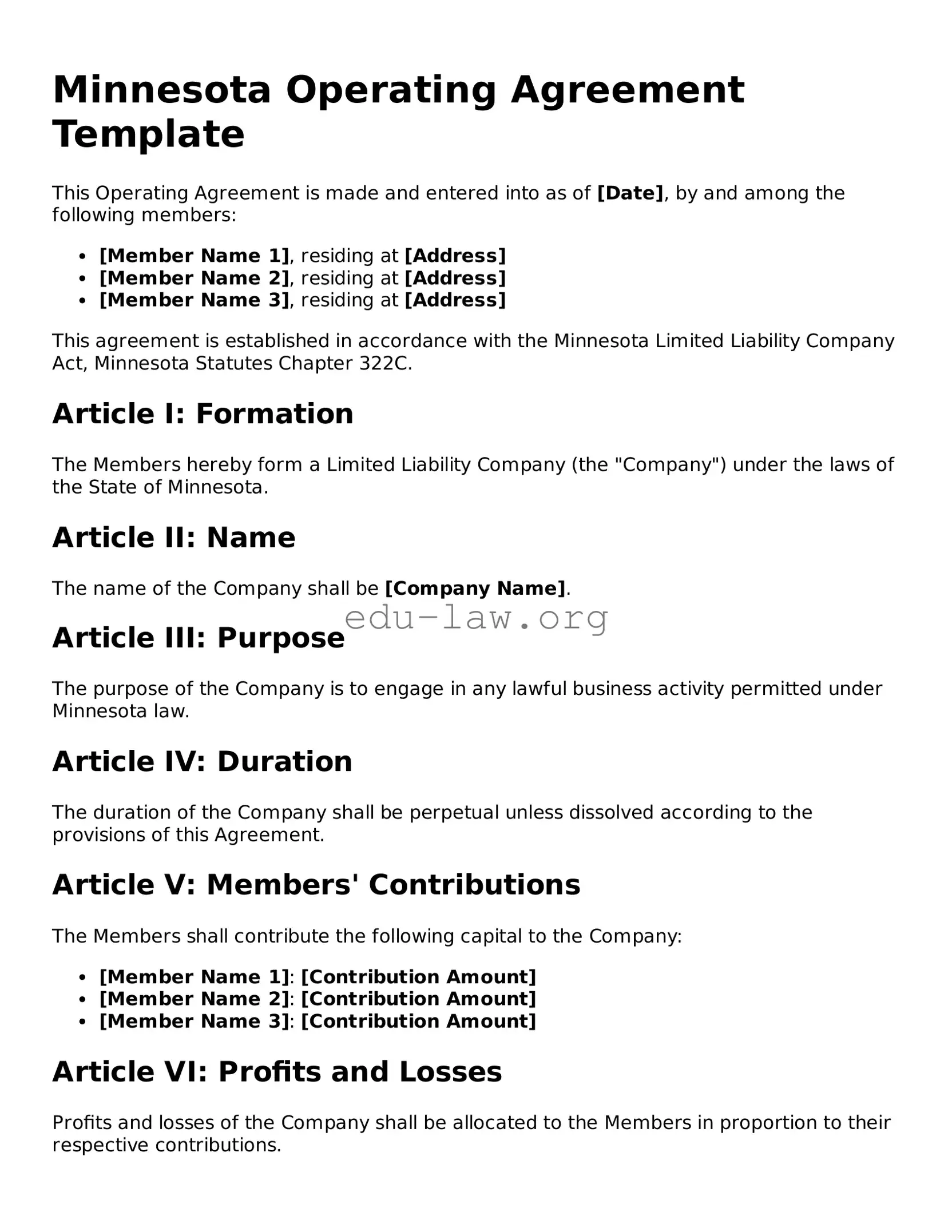 Legal  Operating Agreement Template for Minnesota
