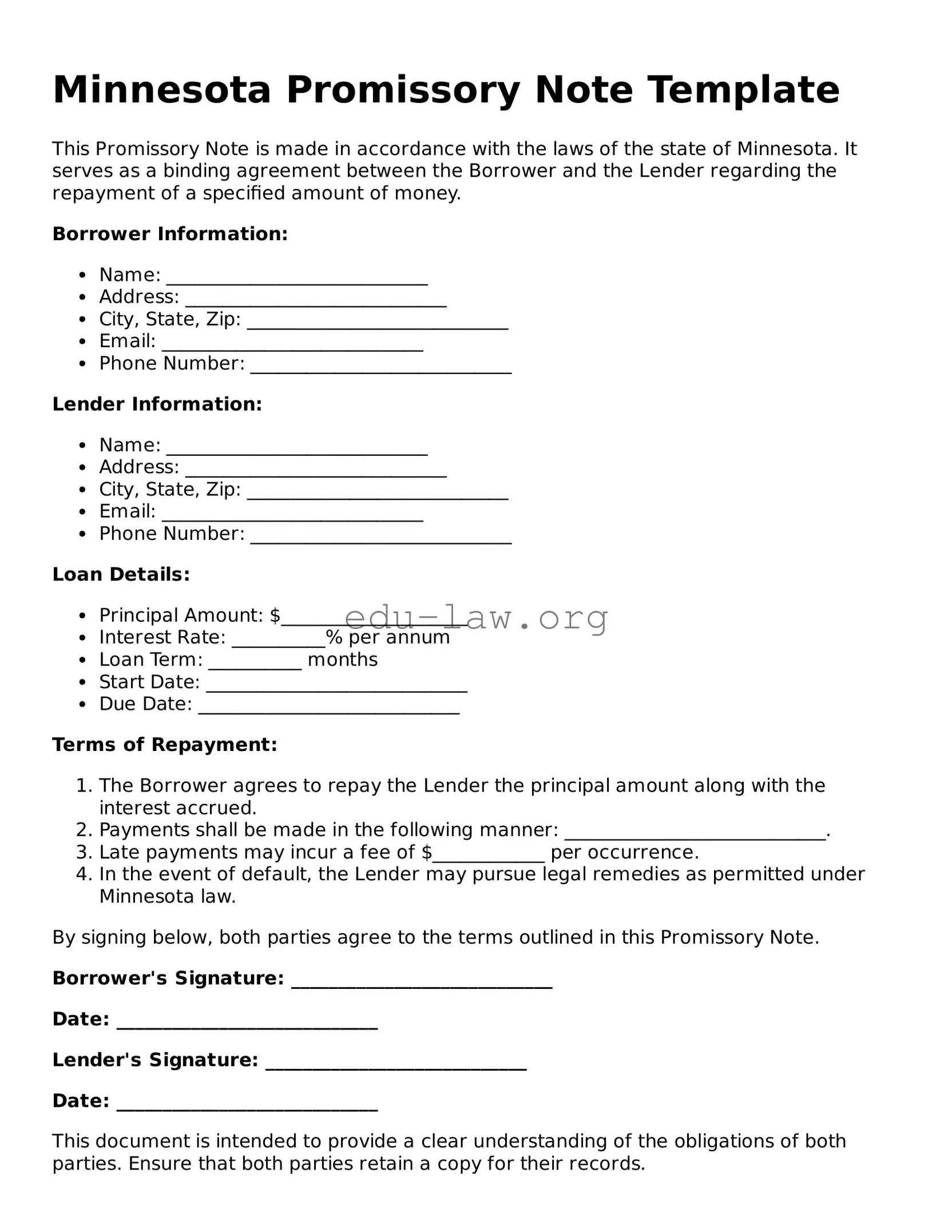 Legal  Promissory Note Template for Minnesota