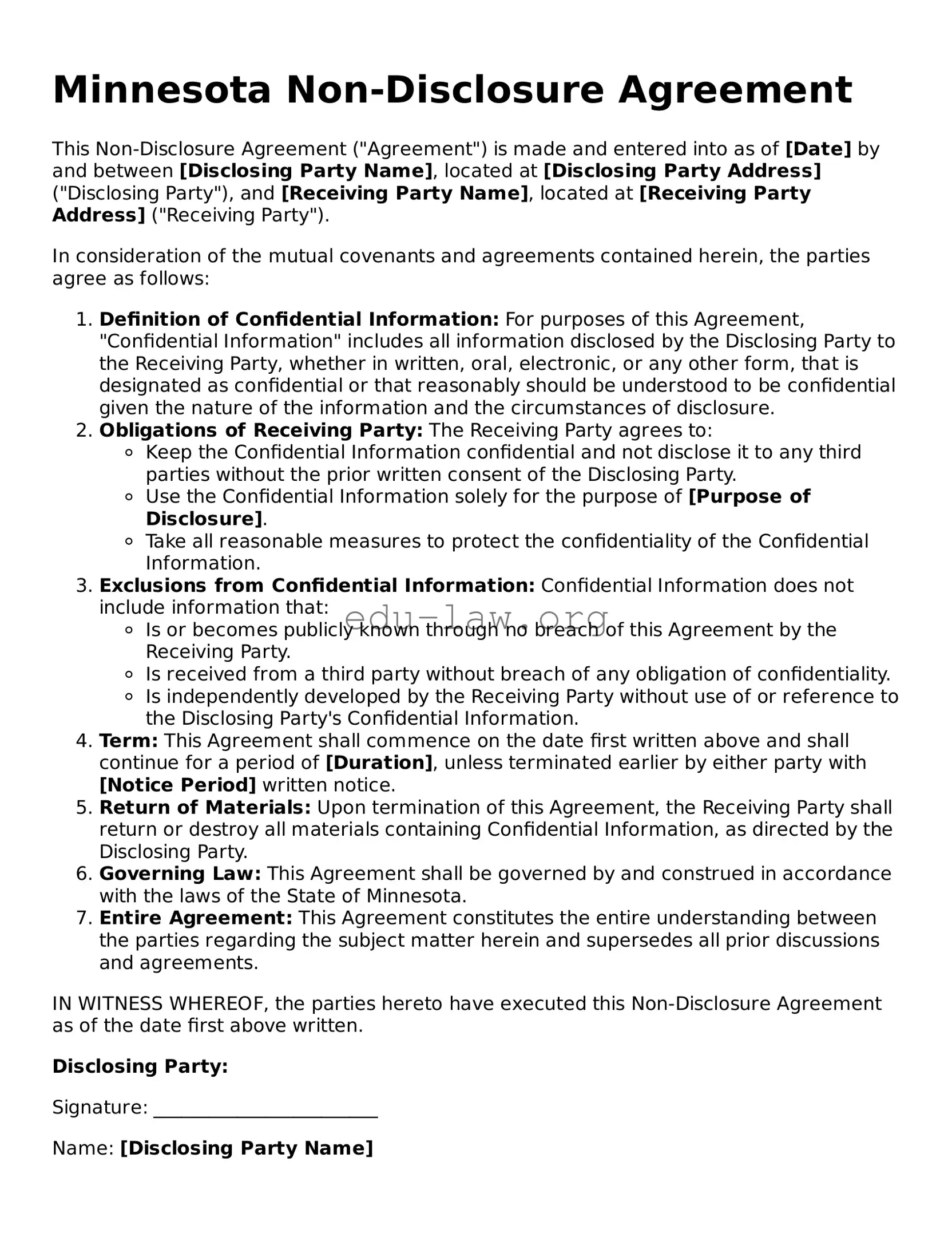 Legal  Non-disclosure Agreement Template for Minnesota