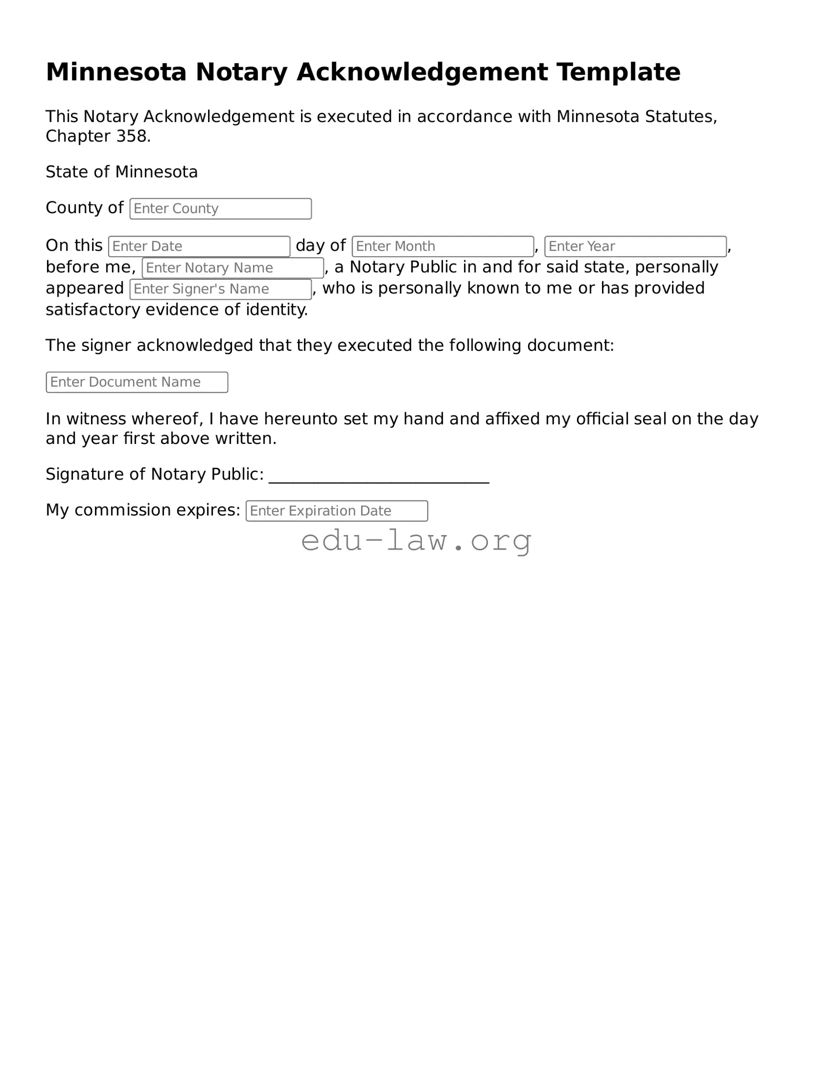 Legal  Notary Acknowledgement Template for Minnesota