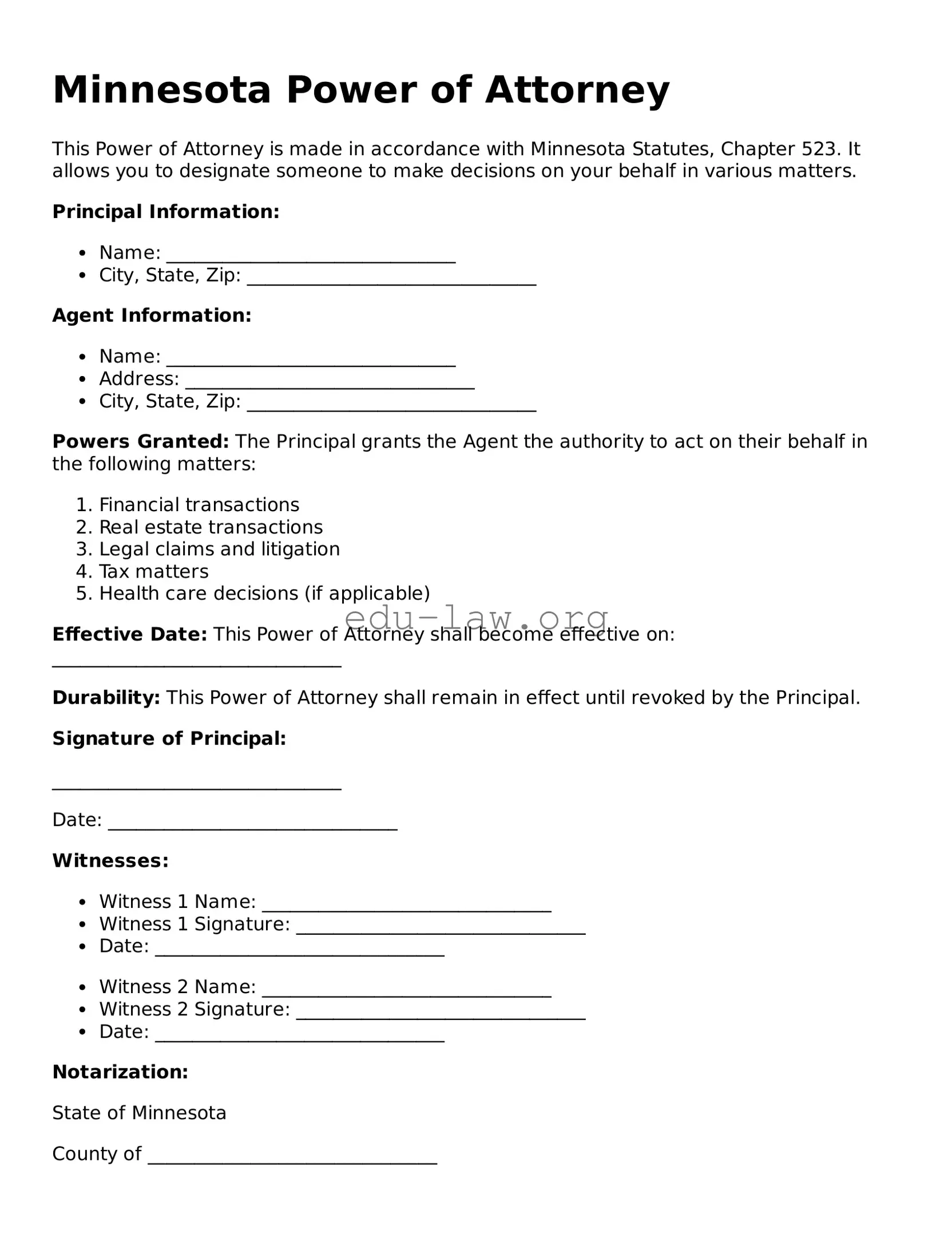 Legal  Power of Attorney Template for Minnesota