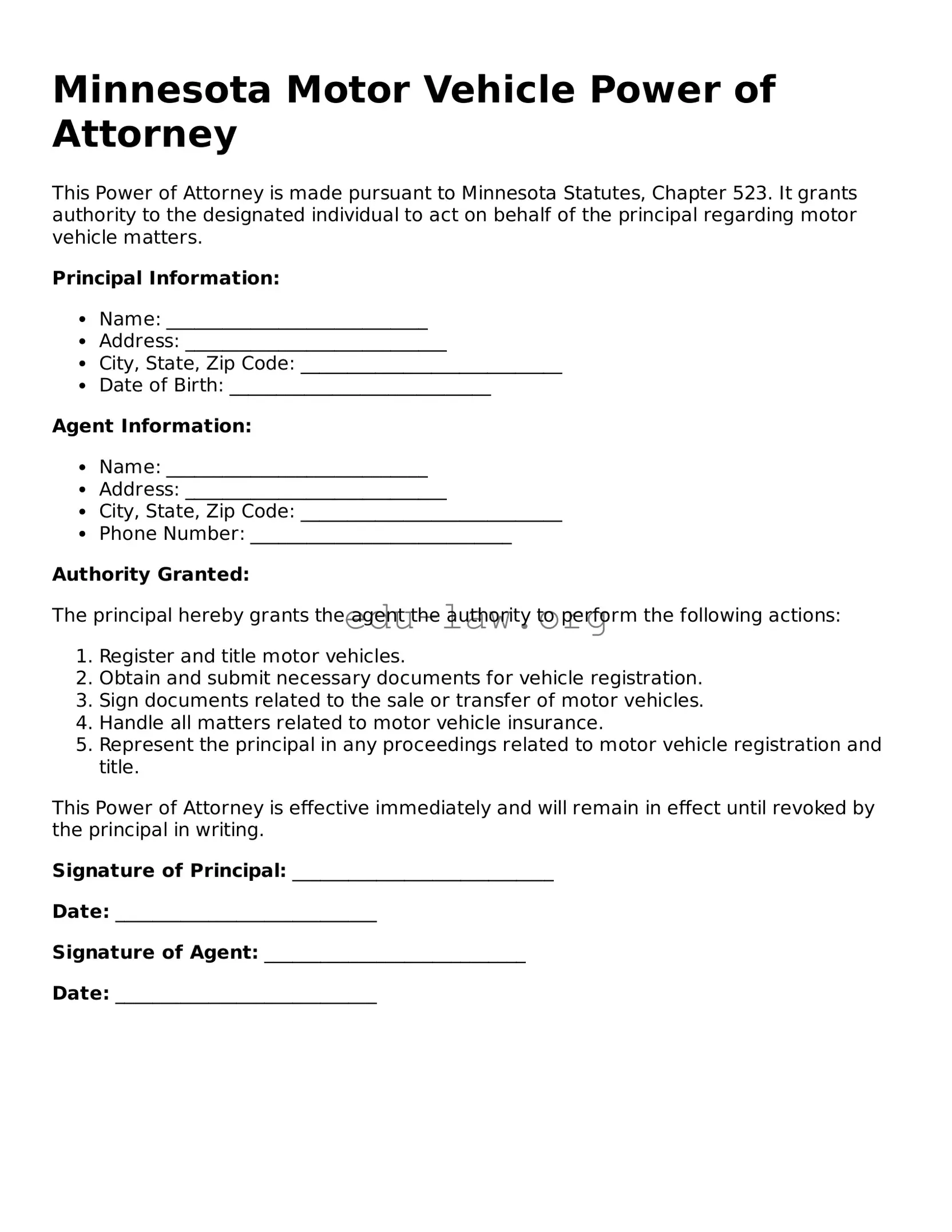 Legal  Motor Vehicle Power of Attorney Template for Minnesota