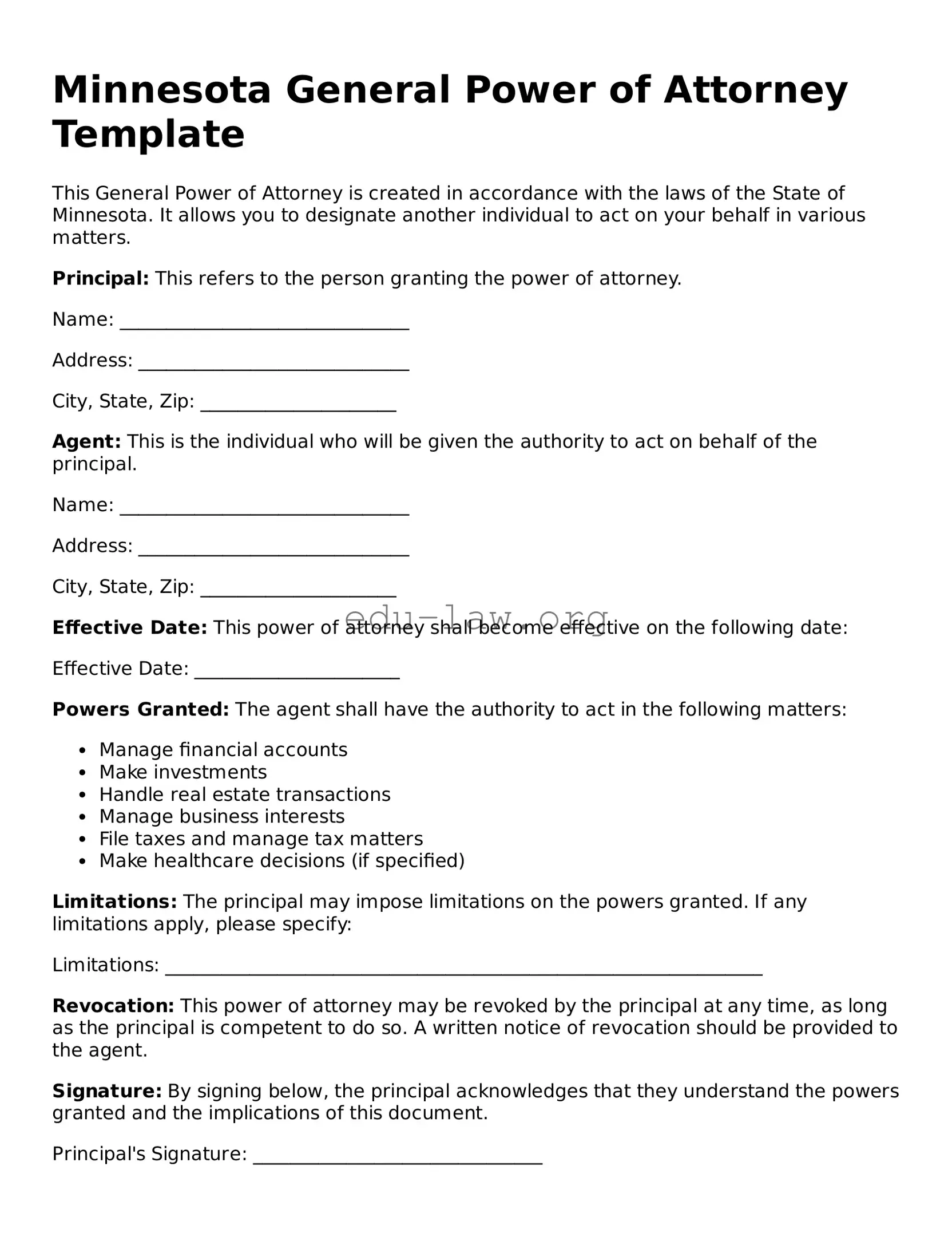 Legal  General Power of Attorney Template for Minnesota