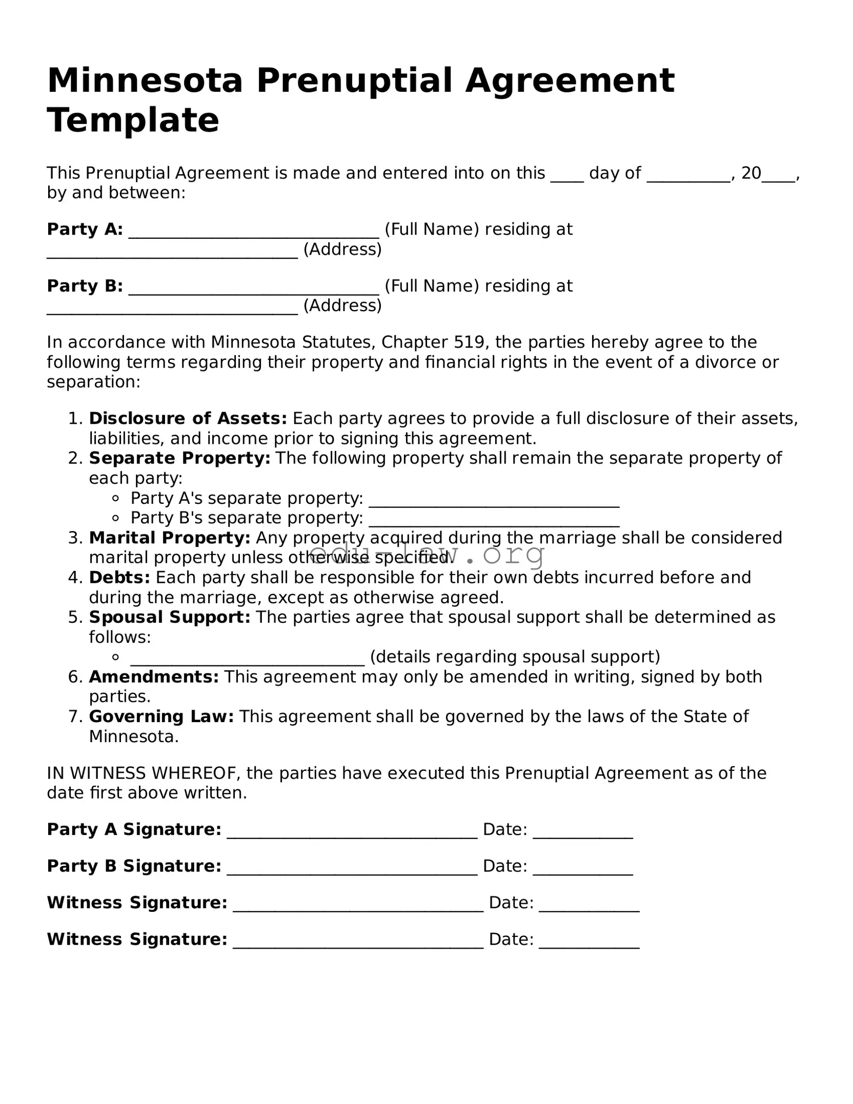 Legal  Prenuptial Agreement Template for Minnesota