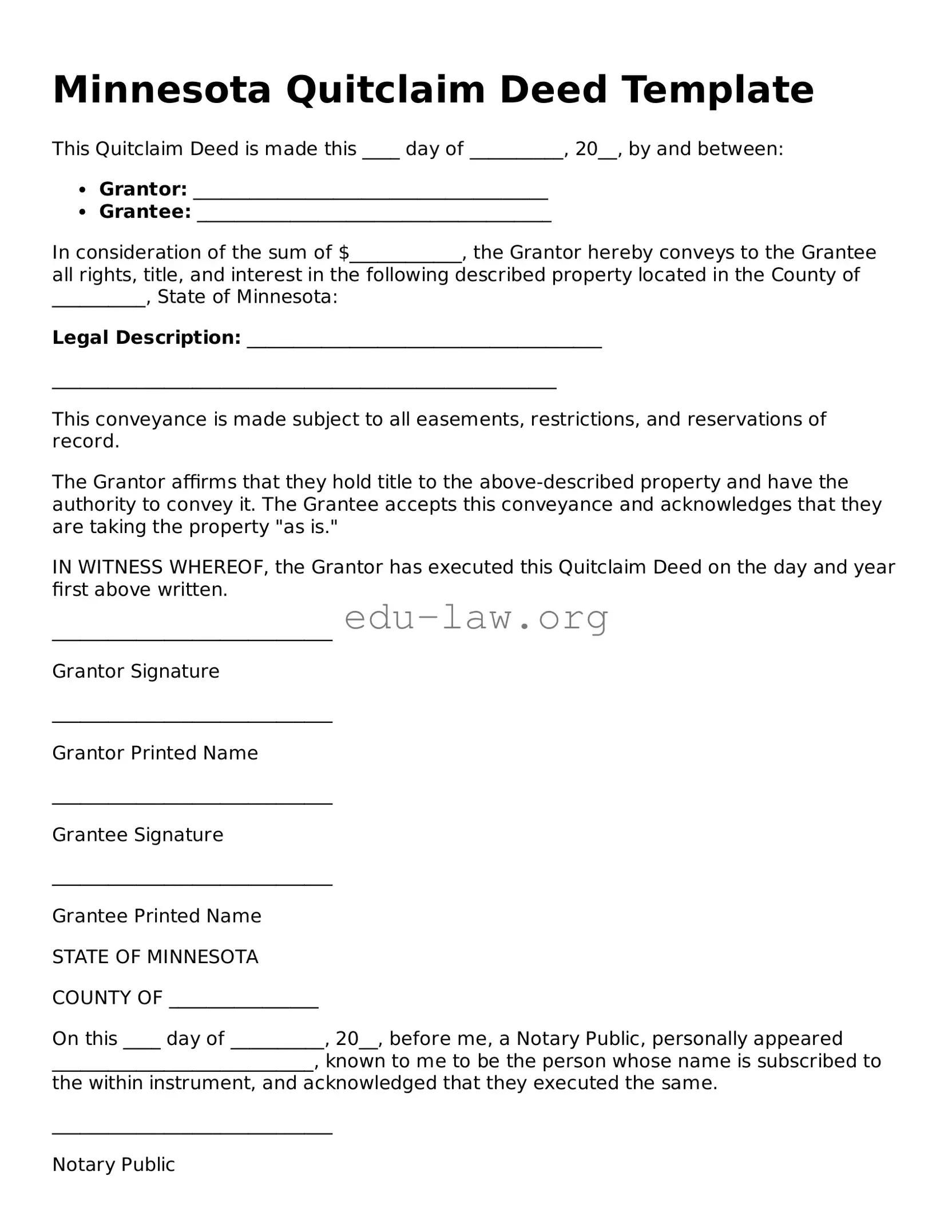 Legal  Quitclaim Deed Template for Minnesota