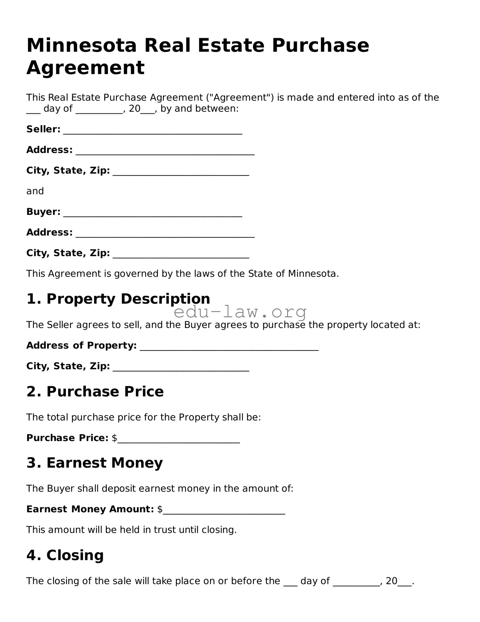 Legal  Real Estate Purchase Agreement Template for Minnesota