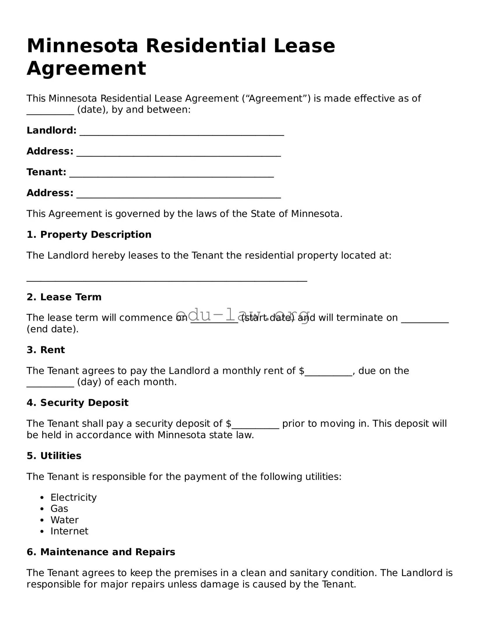 Legal  Residential Lease Agreement Template for Minnesota