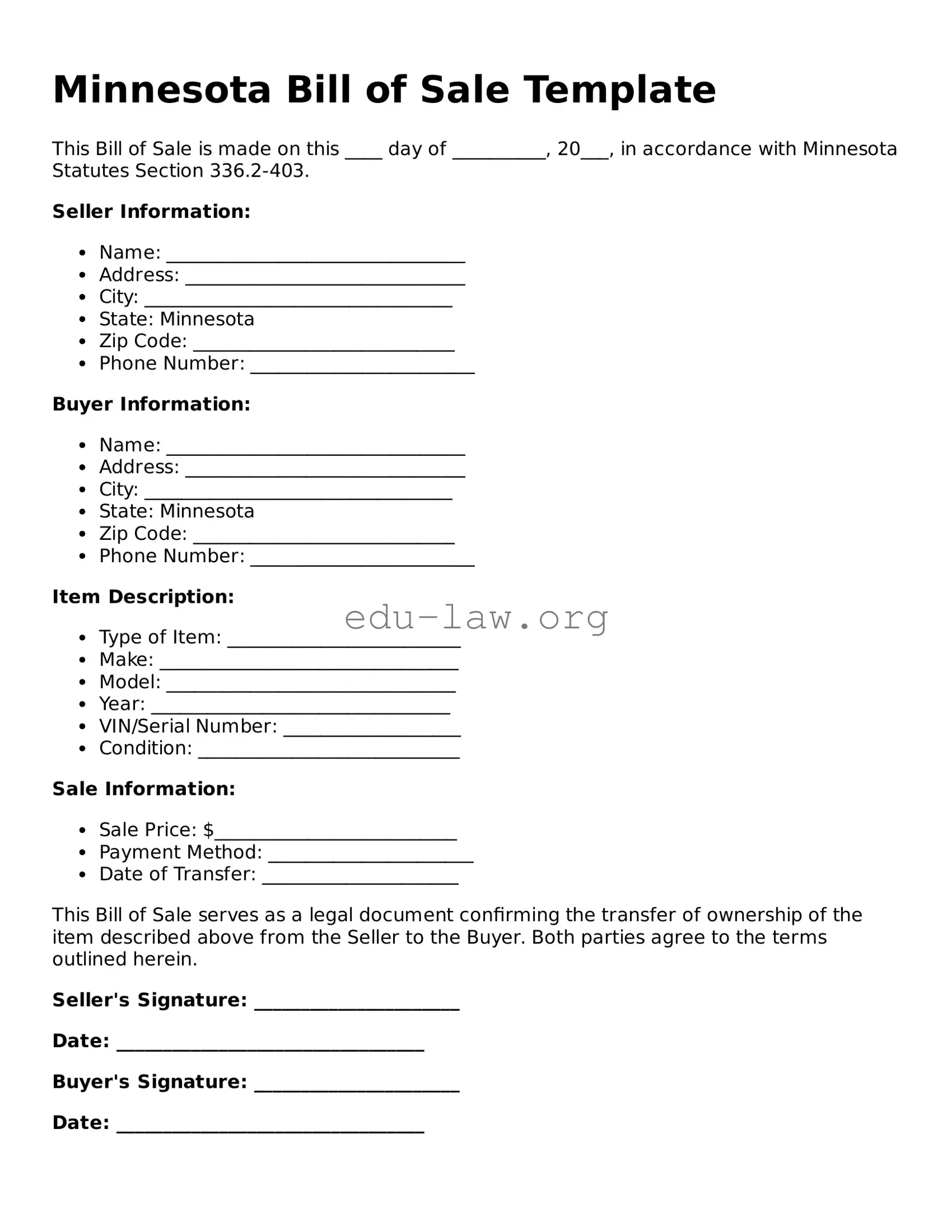 Legal  Bill of Sale Template for Minnesota