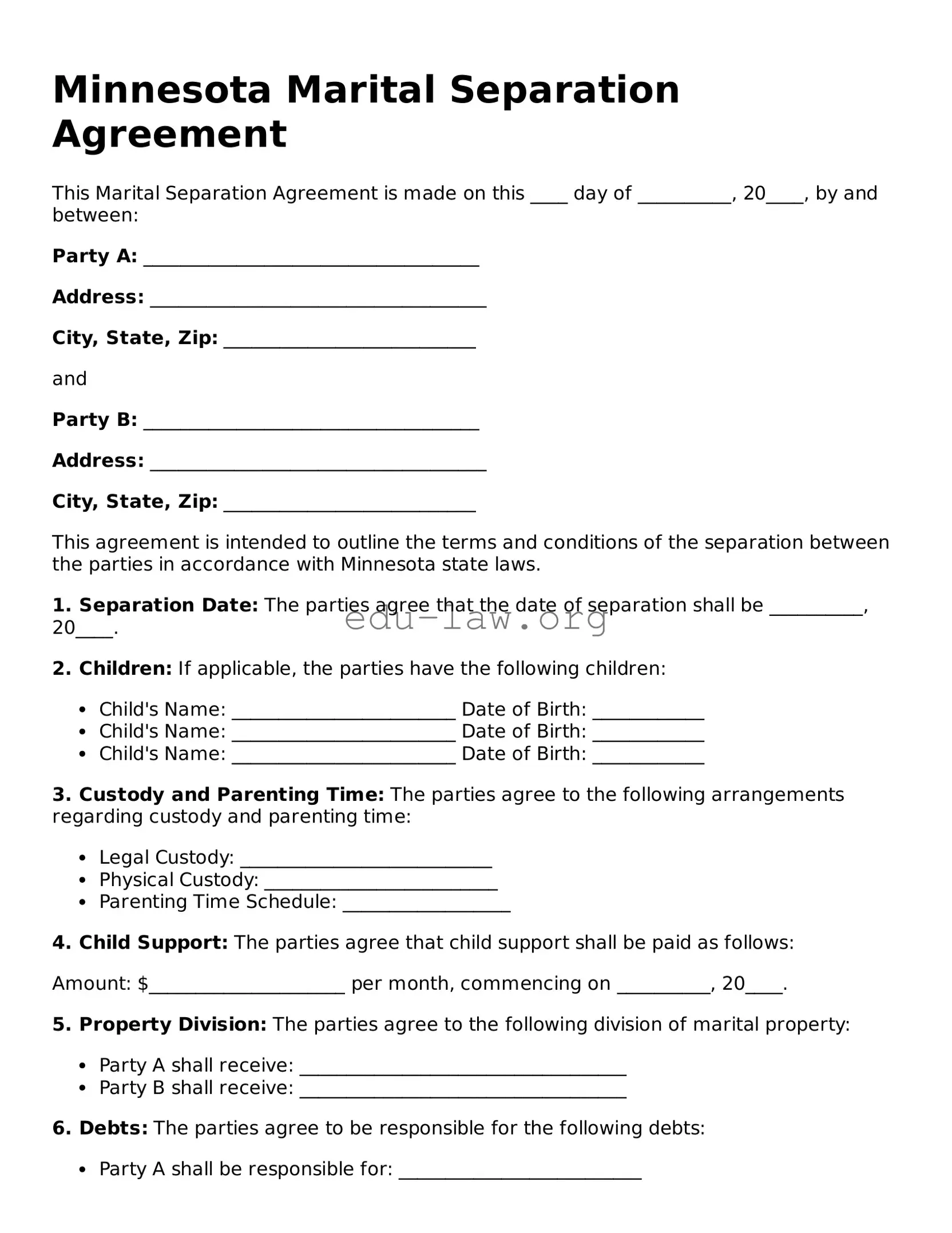 Legal  Marital Separation Agreement Template for Minnesota