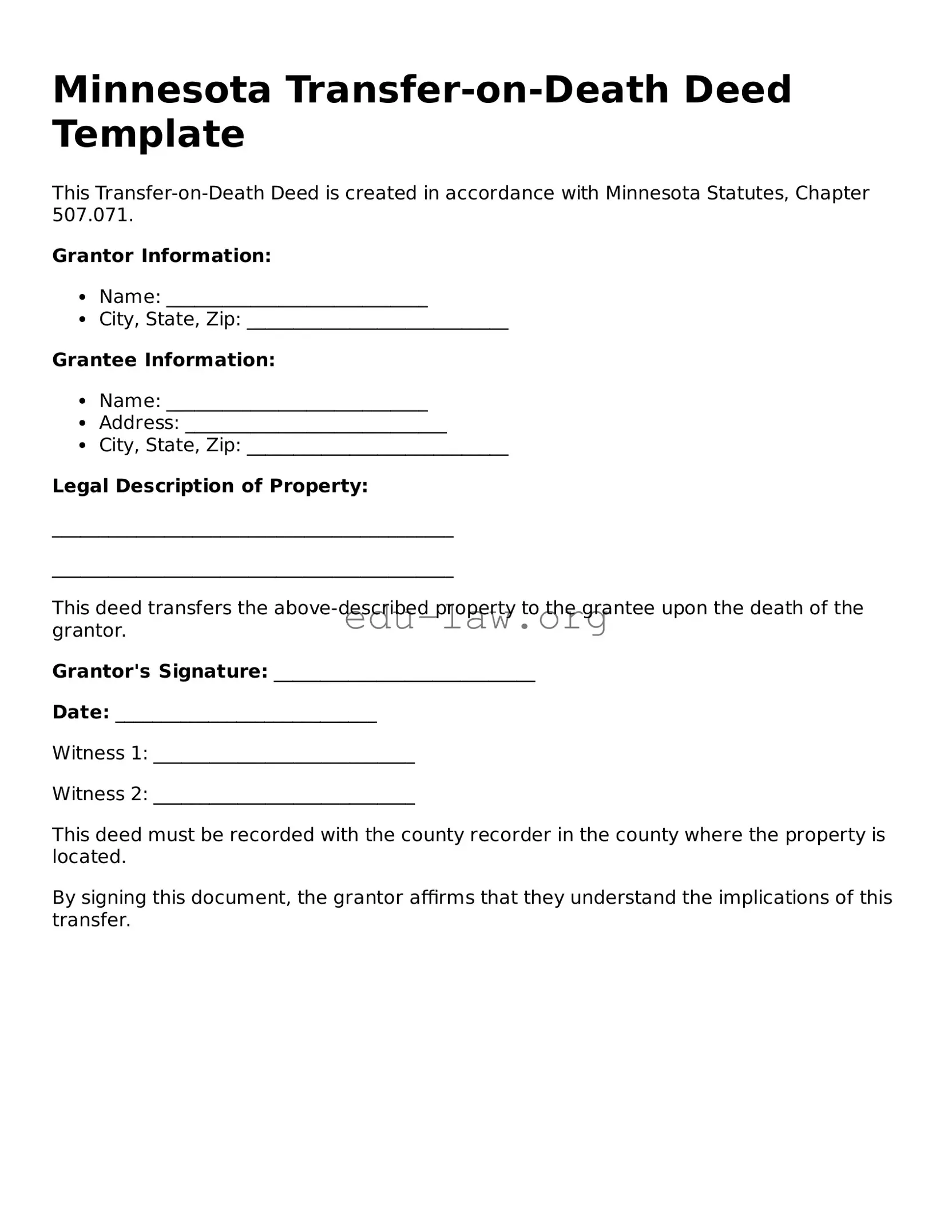 Legal  Transfer-on-Death Deed Template for Minnesota