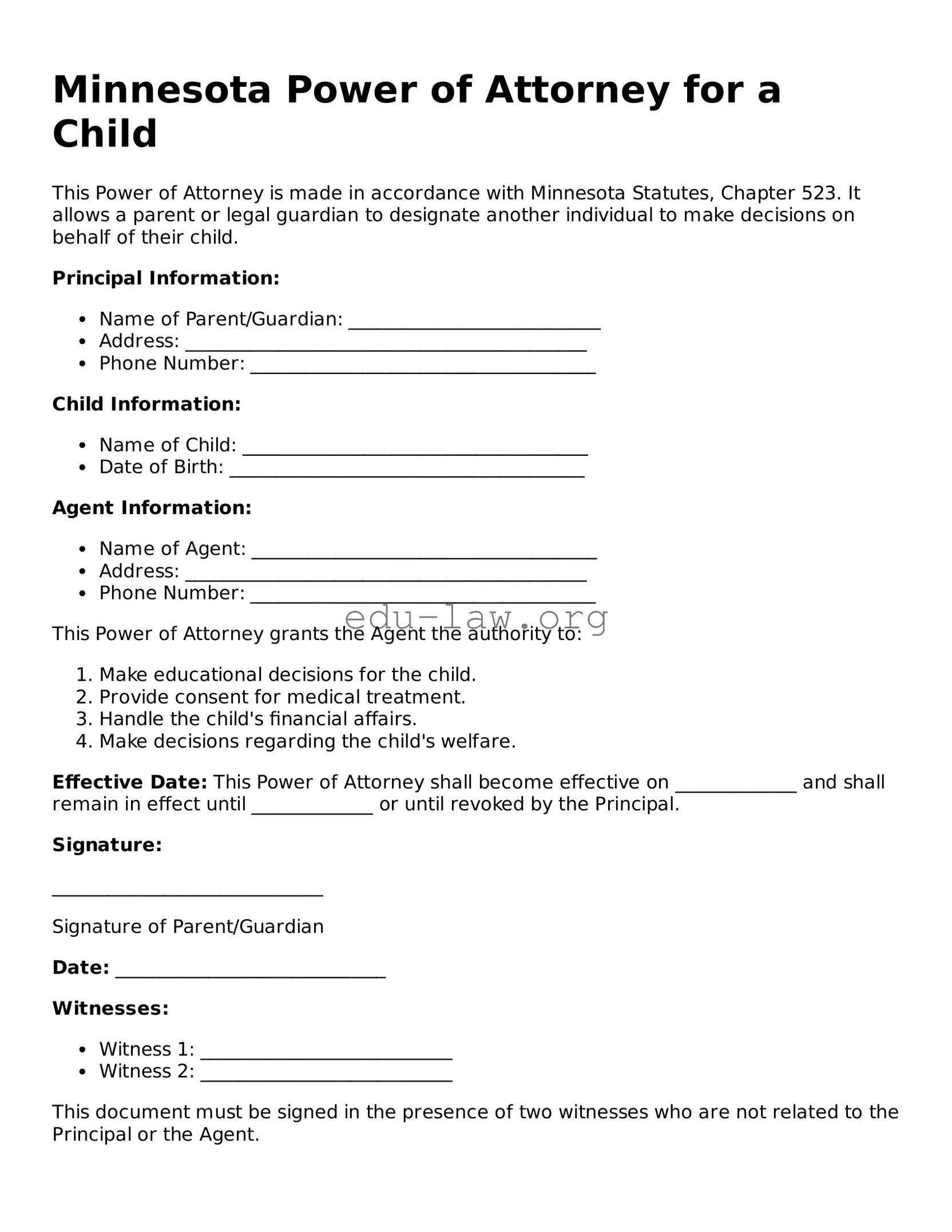 Legal  Power of Attorney for a Child Template for Minnesota
