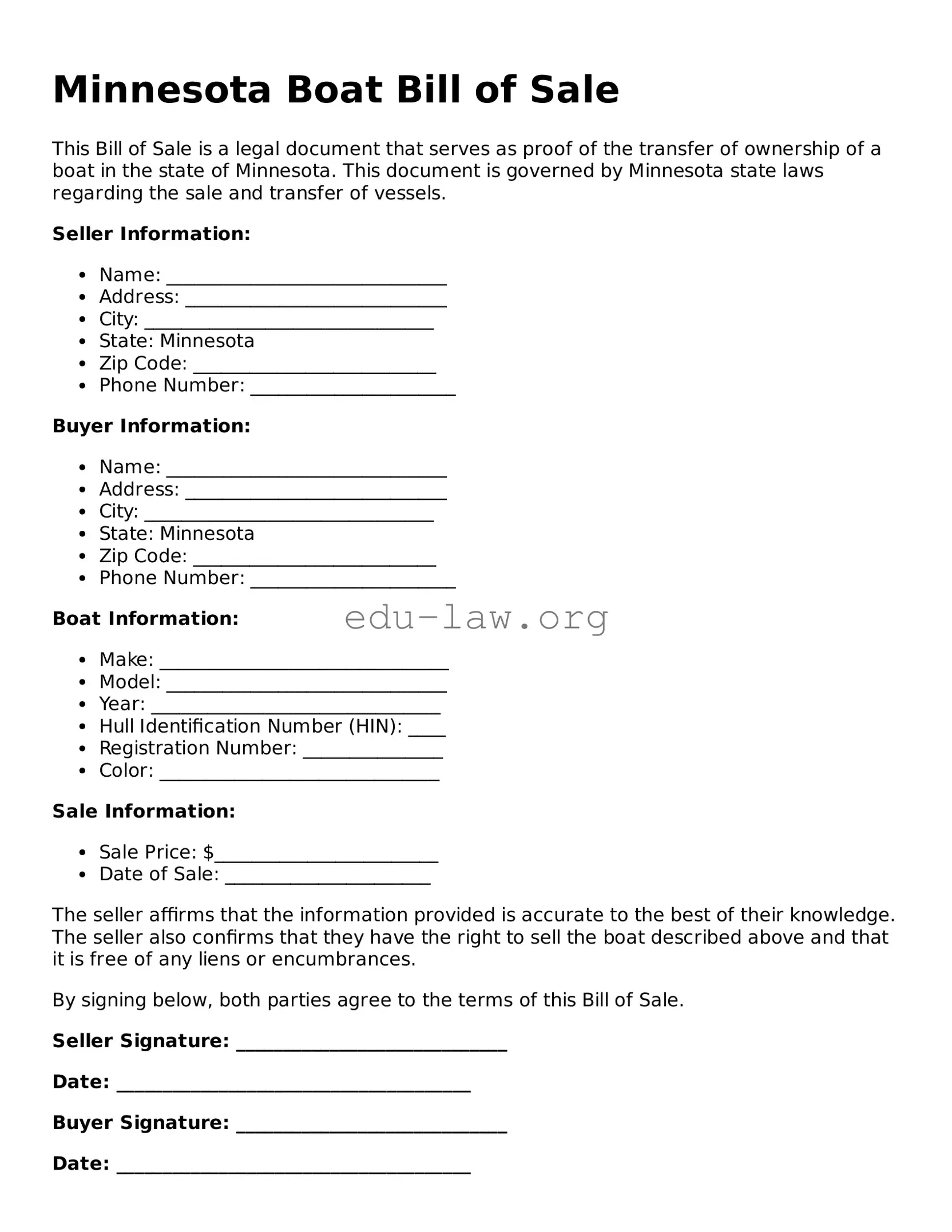 Legal  Boat Bill of Sale Template for Minnesota