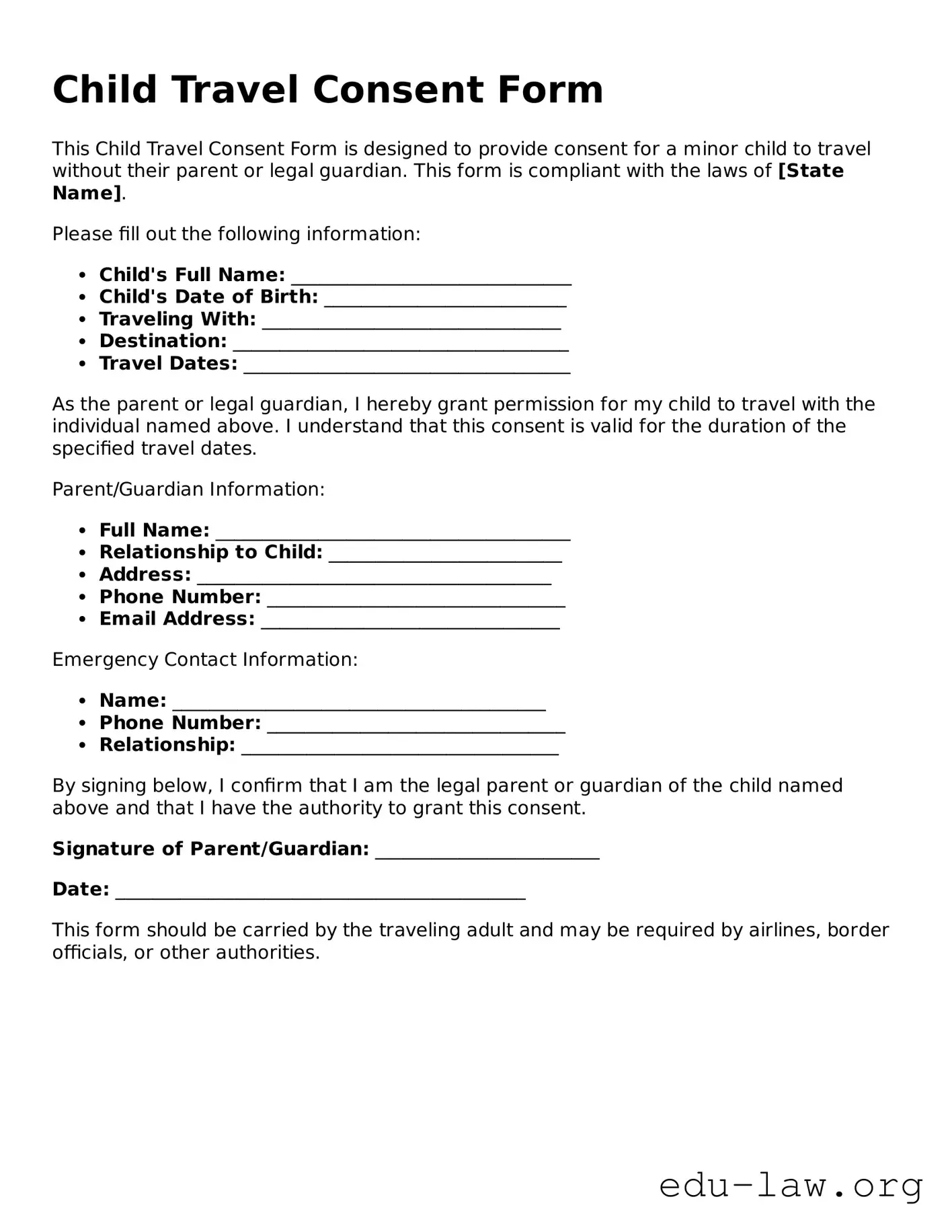 Child Travel Consent Form Template