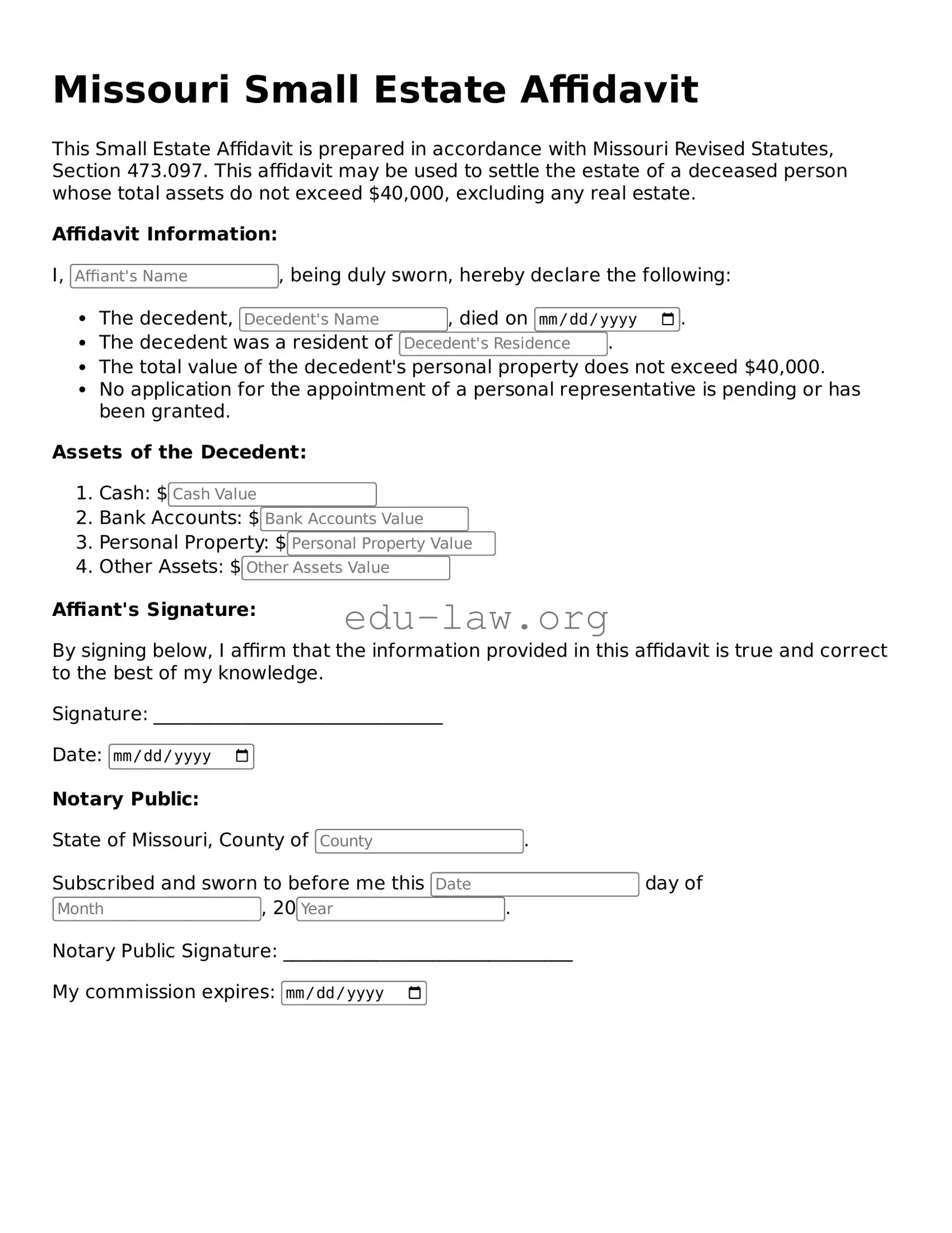 Legal  Small Estate Affidavit Template for Missouri
