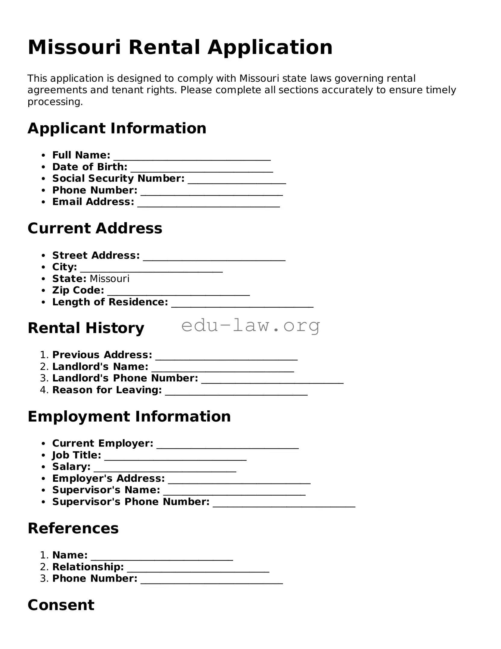 Legal  Rental Application Template for Missouri